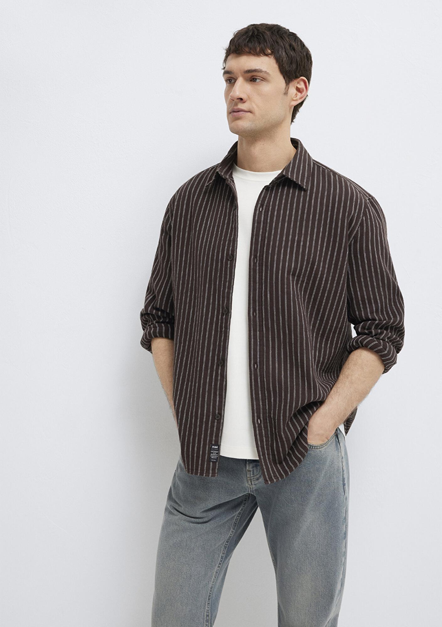 Mavi Çizgili Kahverengi Gömlek Loose Fit / Bol Rahat Kesim 0211969-91616