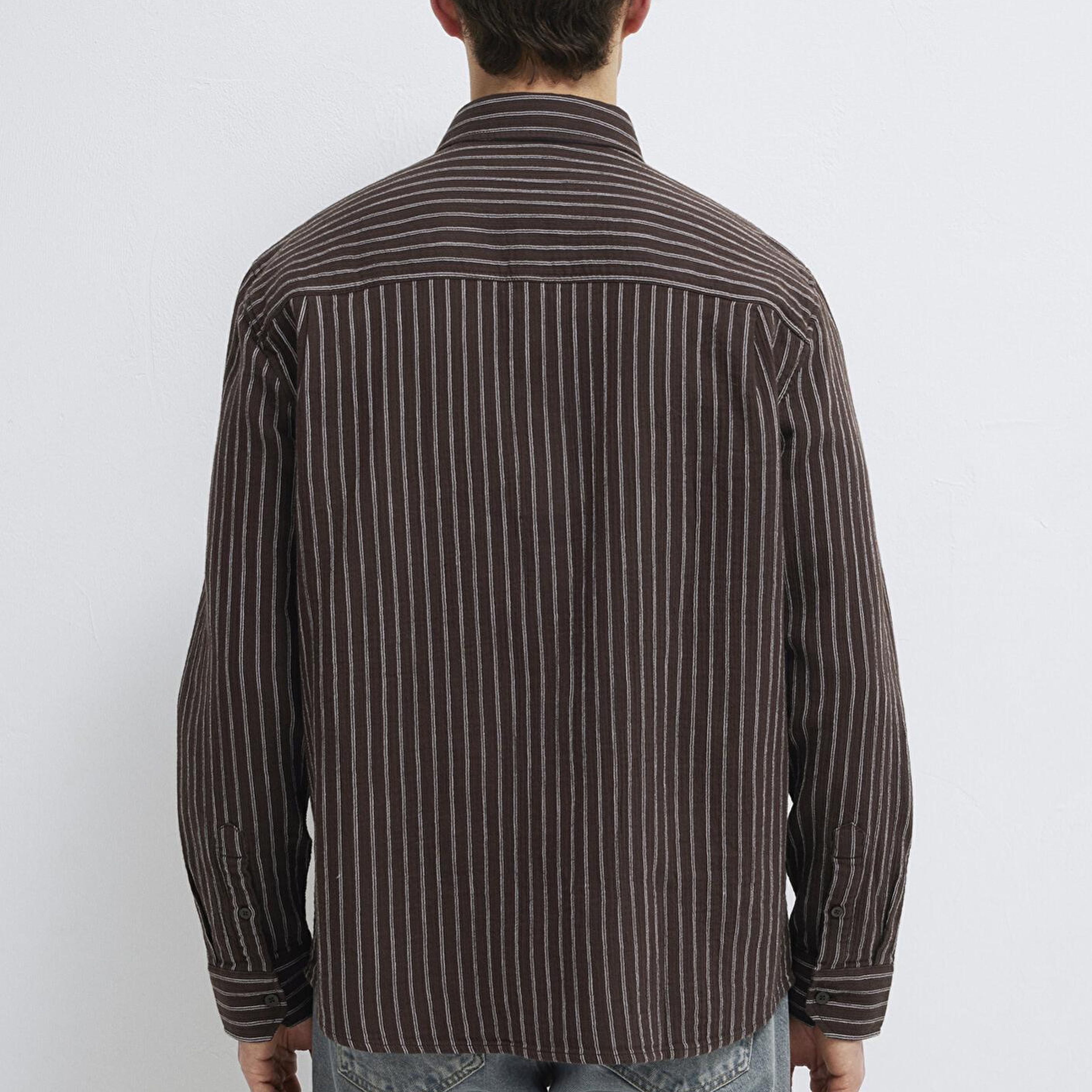 Mavi Çizgili Kahverengi Gömlek Loose Fit / Bol Rahat Kesim 0211969-91616