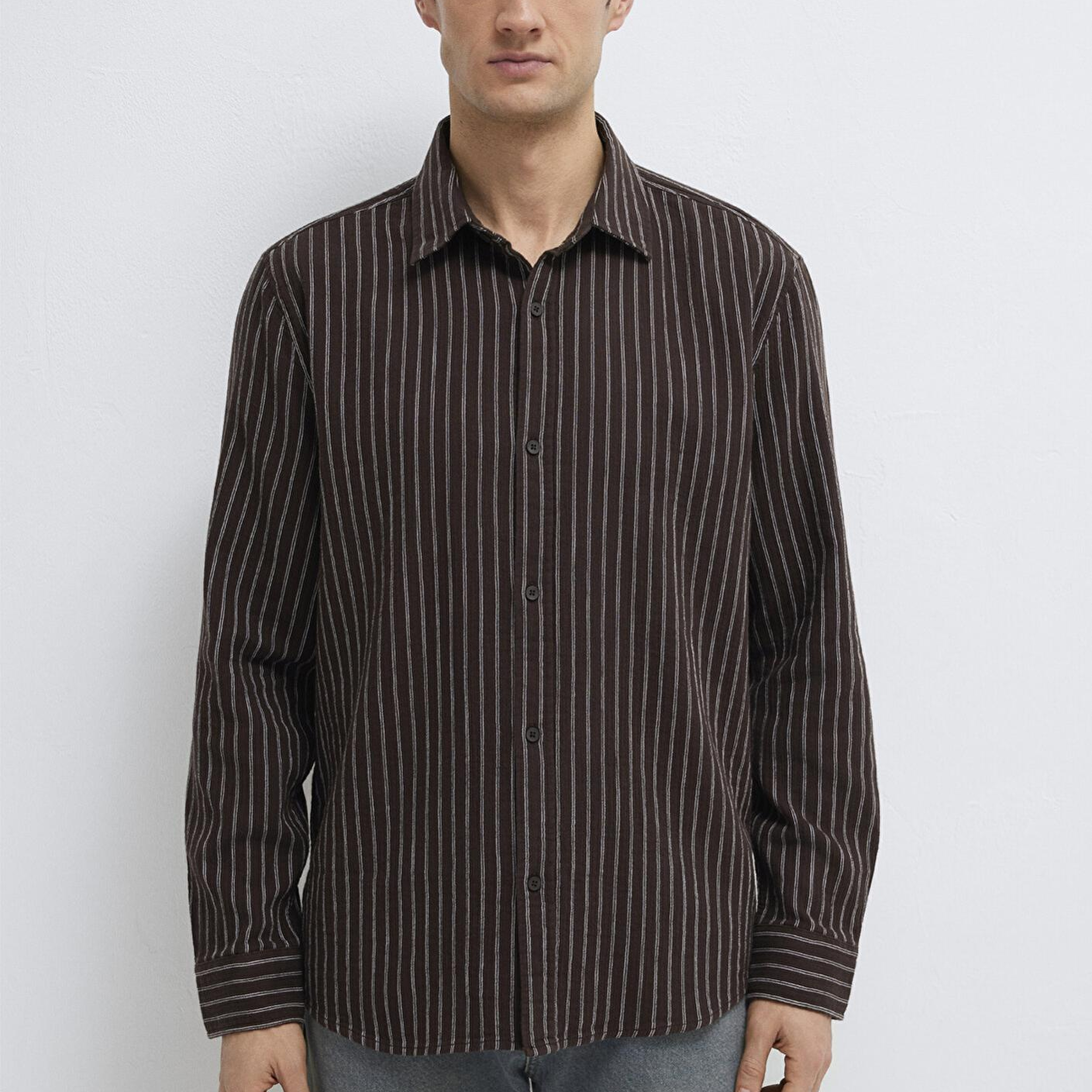 Mavi Çizgili Kahverengi Gömlek Loose Fit / Bol Rahat Kesim 0211969-91616