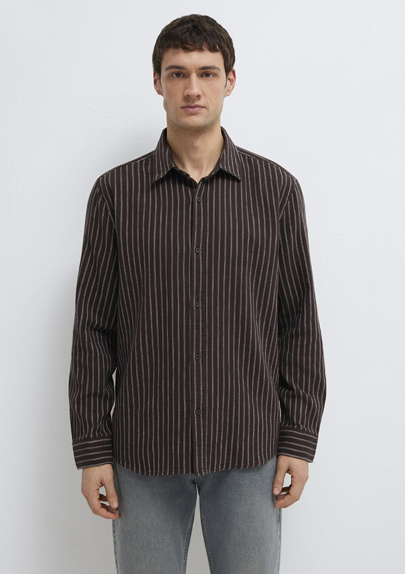 Mavi Çizgili Kahverengi Gömlek Loose Fit / Bol Rahat Kesim 0211969-91616