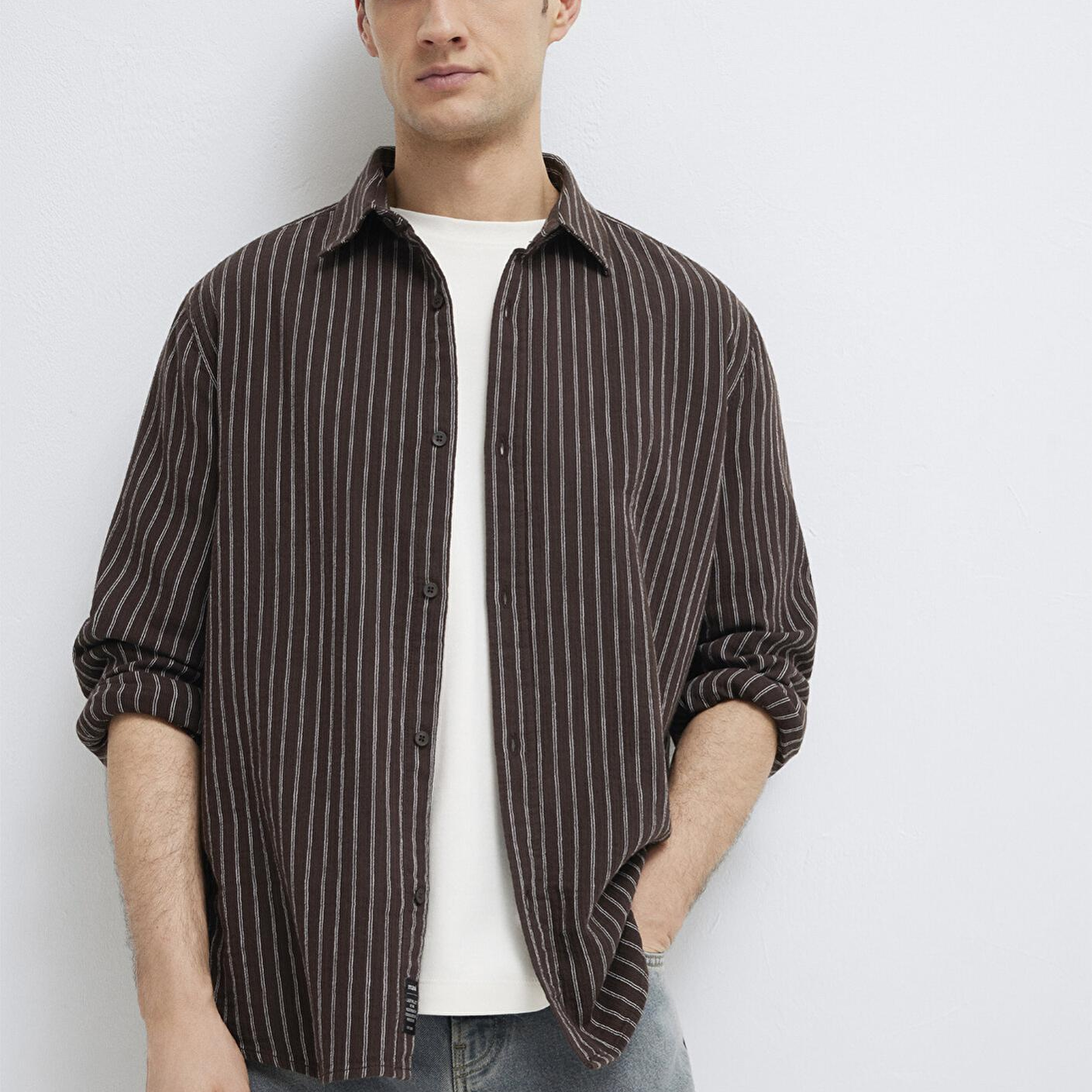 Mavi Çizgili Kahverengi Gömlek Loose Fit / Bol Rahat Kesim 0211969-91616