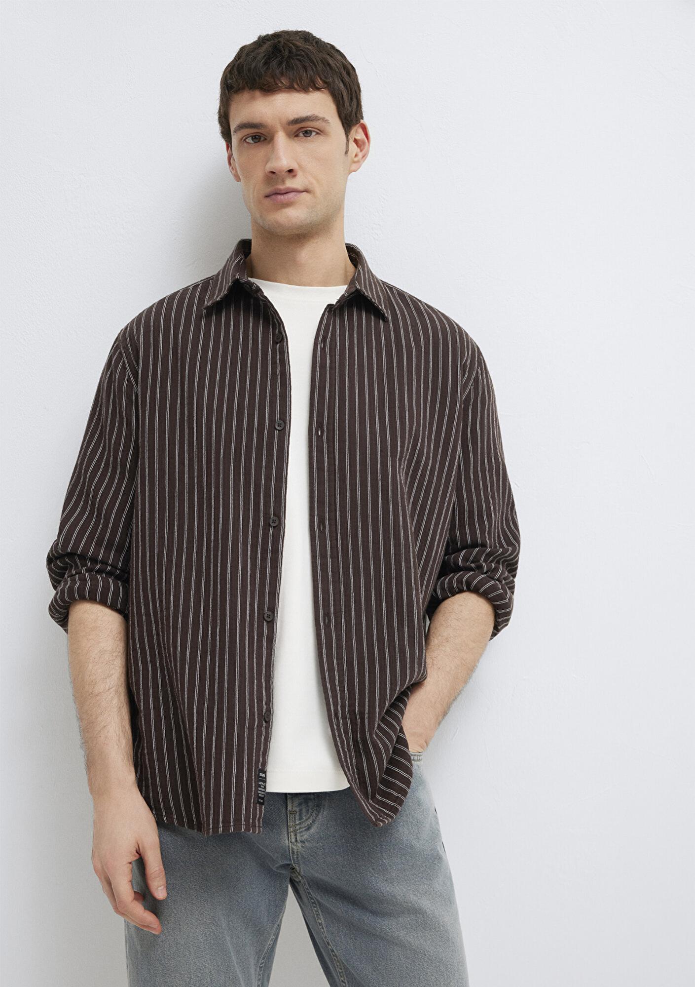 Mavi Çizgili Kahverengi Gömlek Loose Fit / Bol Rahat Kesim 0211969-91616