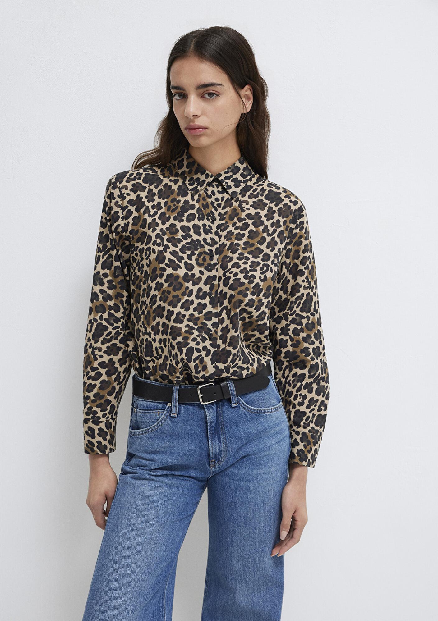 Mavi Leopar Baskılı Gömlek Loose Fit / Bol Rahat Kesim 1211512-91572