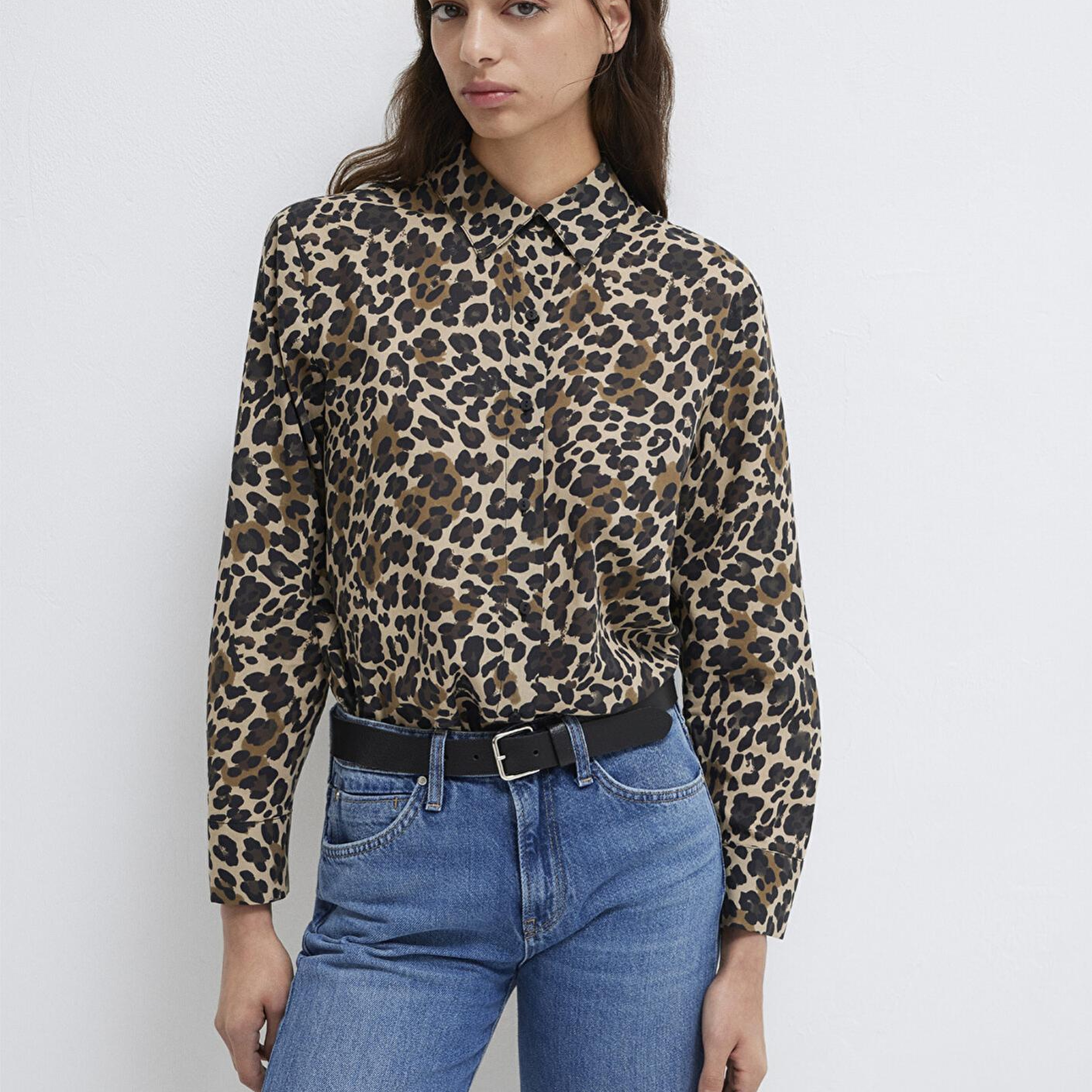 Mavi Leopar Baskılı Gömlek Loose Fit / Bol Rahat Kesim 1211512-91572