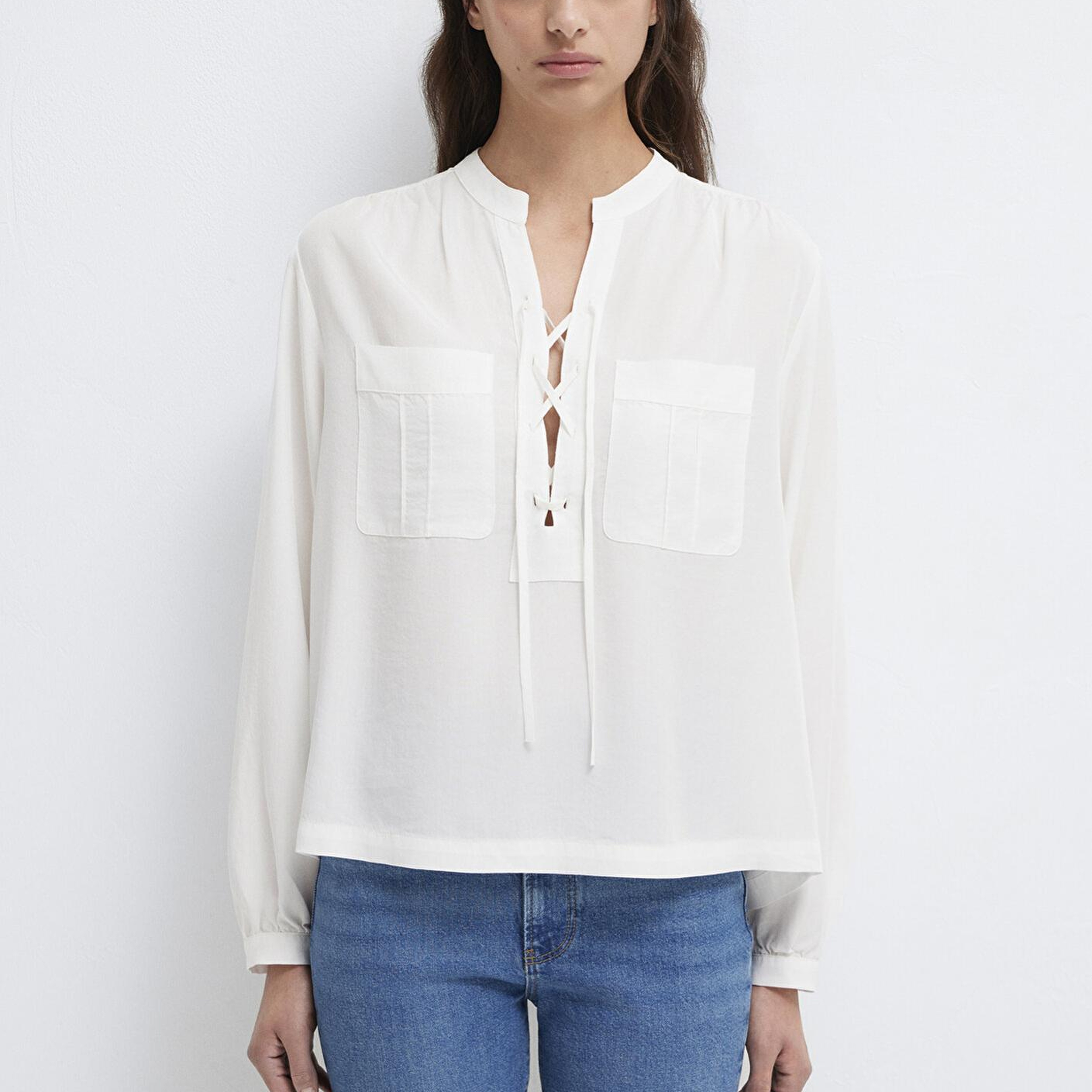 Mavi Bağcık Detaylı Beyaz Bluz 1211513-80194