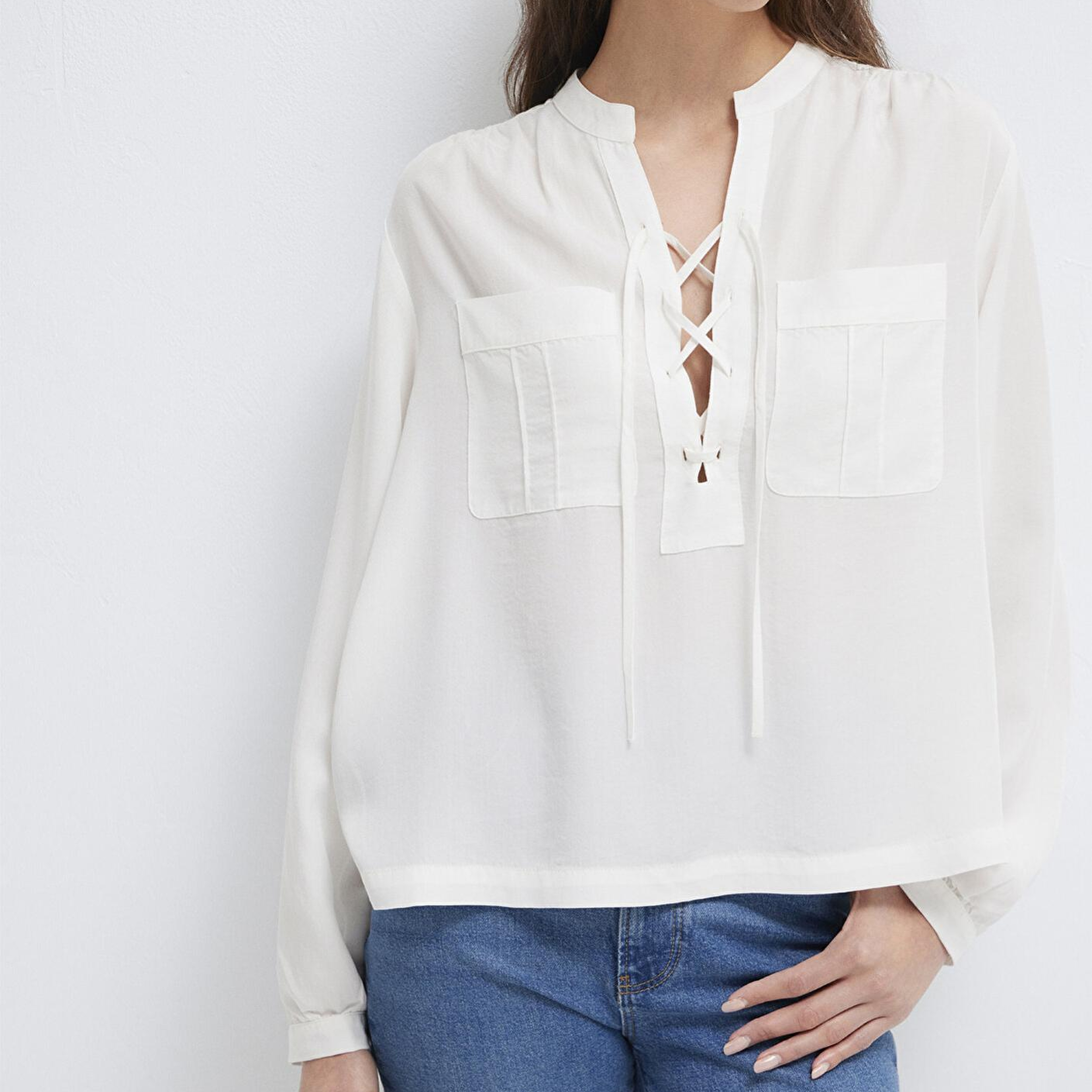 Mavi Bağcık Detaylı Beyaz Bluz 1211513-80194