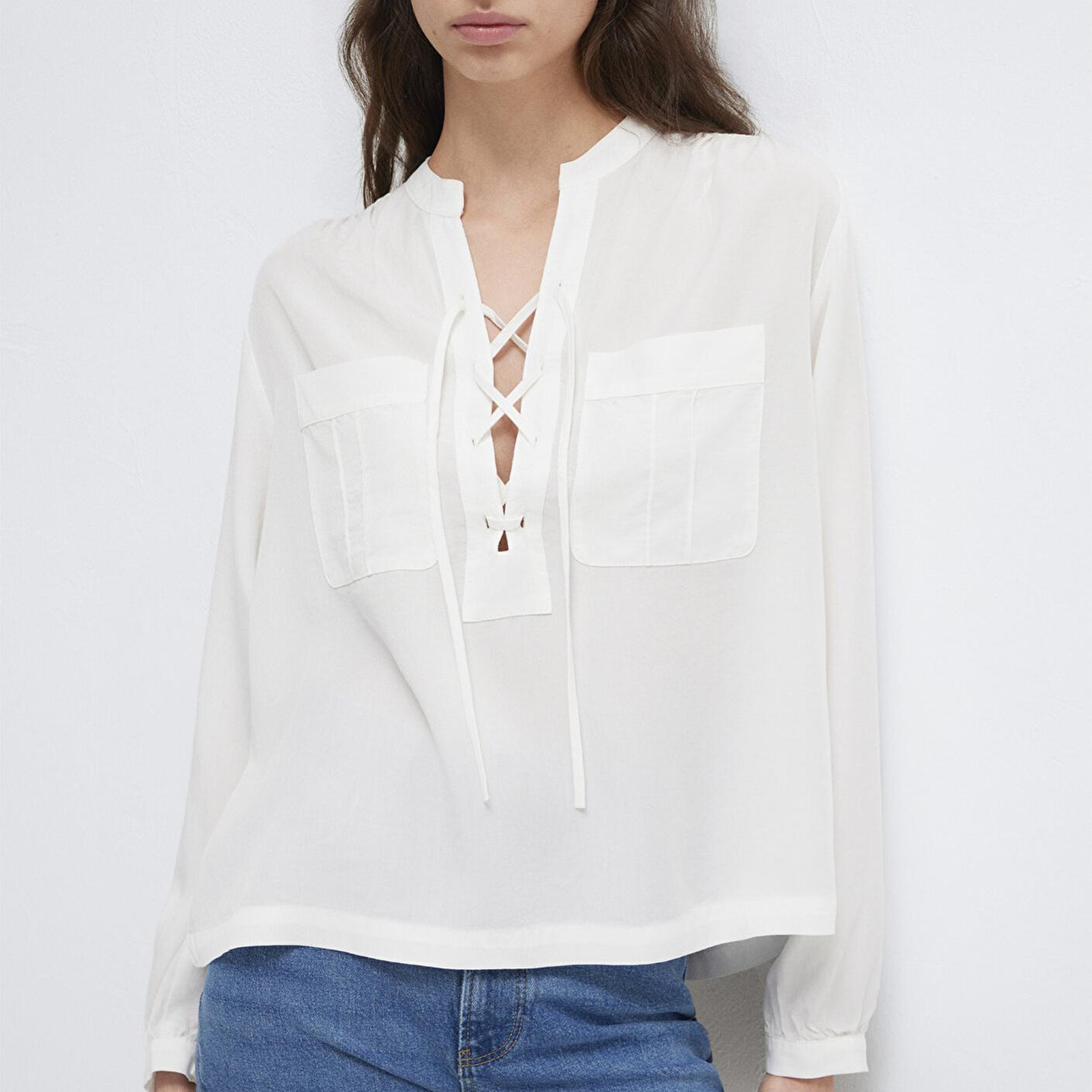 Mavi Bağcık Detaylı Beyaz Bluz 1211513-80194