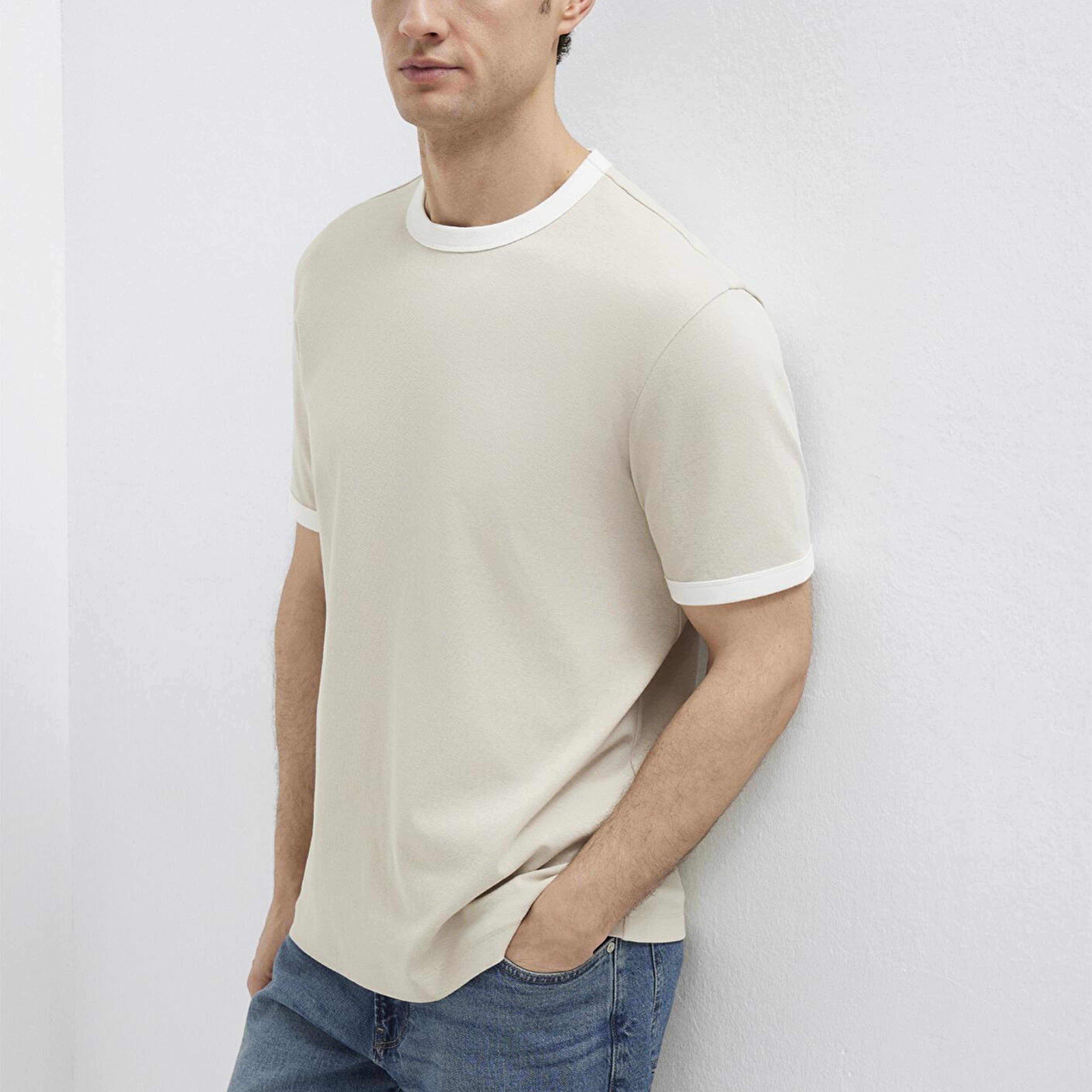 Mavi Biye Detaylı Bej Tişört Regular Fit / Normal Kesim 0613223-70144