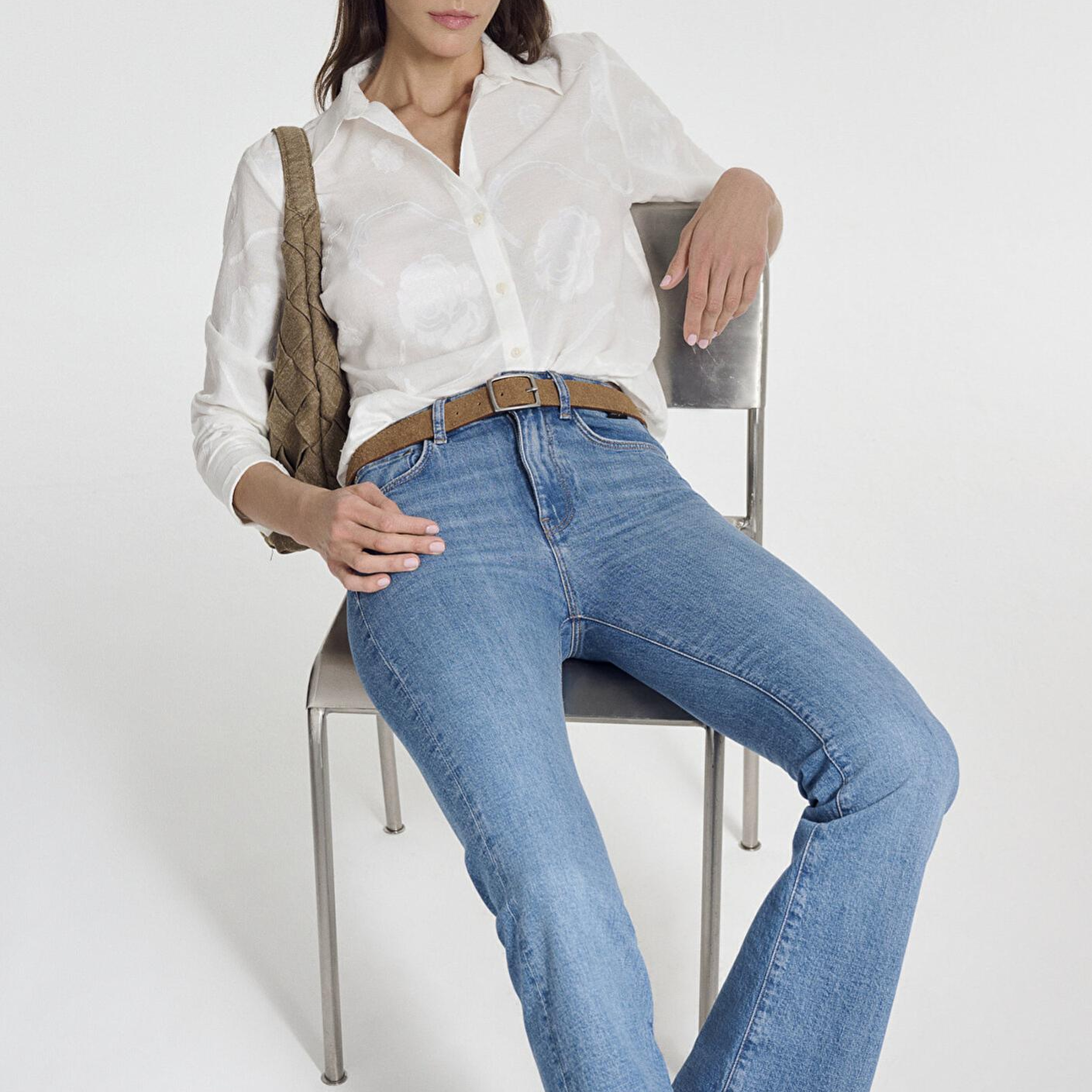 Mavi Baskılı Ekru Gömlek Loose Fit / Bol Rahat Kesim 1211437-70057