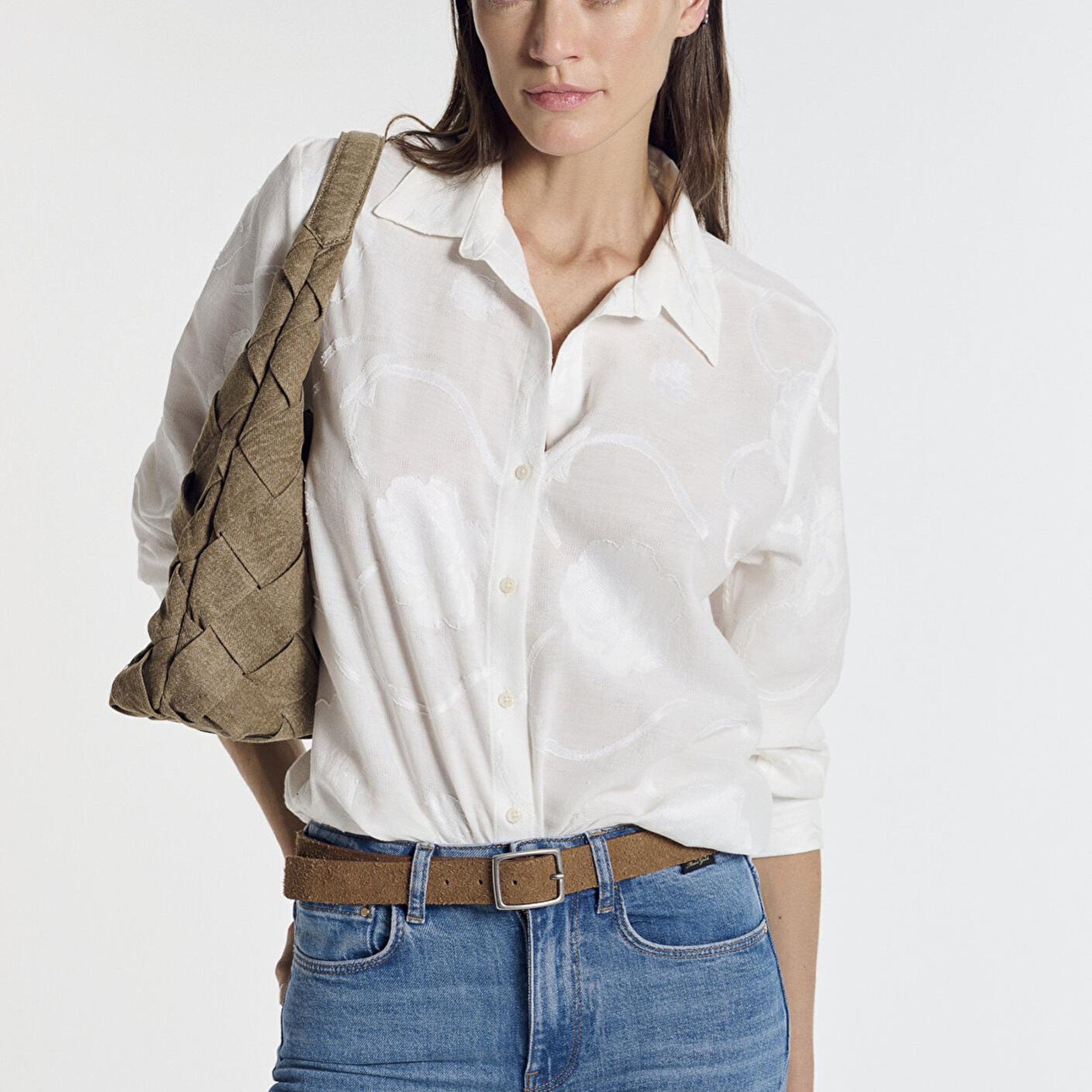 Mavi Baskılı Ekru Gömlek Loose Fit / Bol Rahat Kesim 1211437-70057