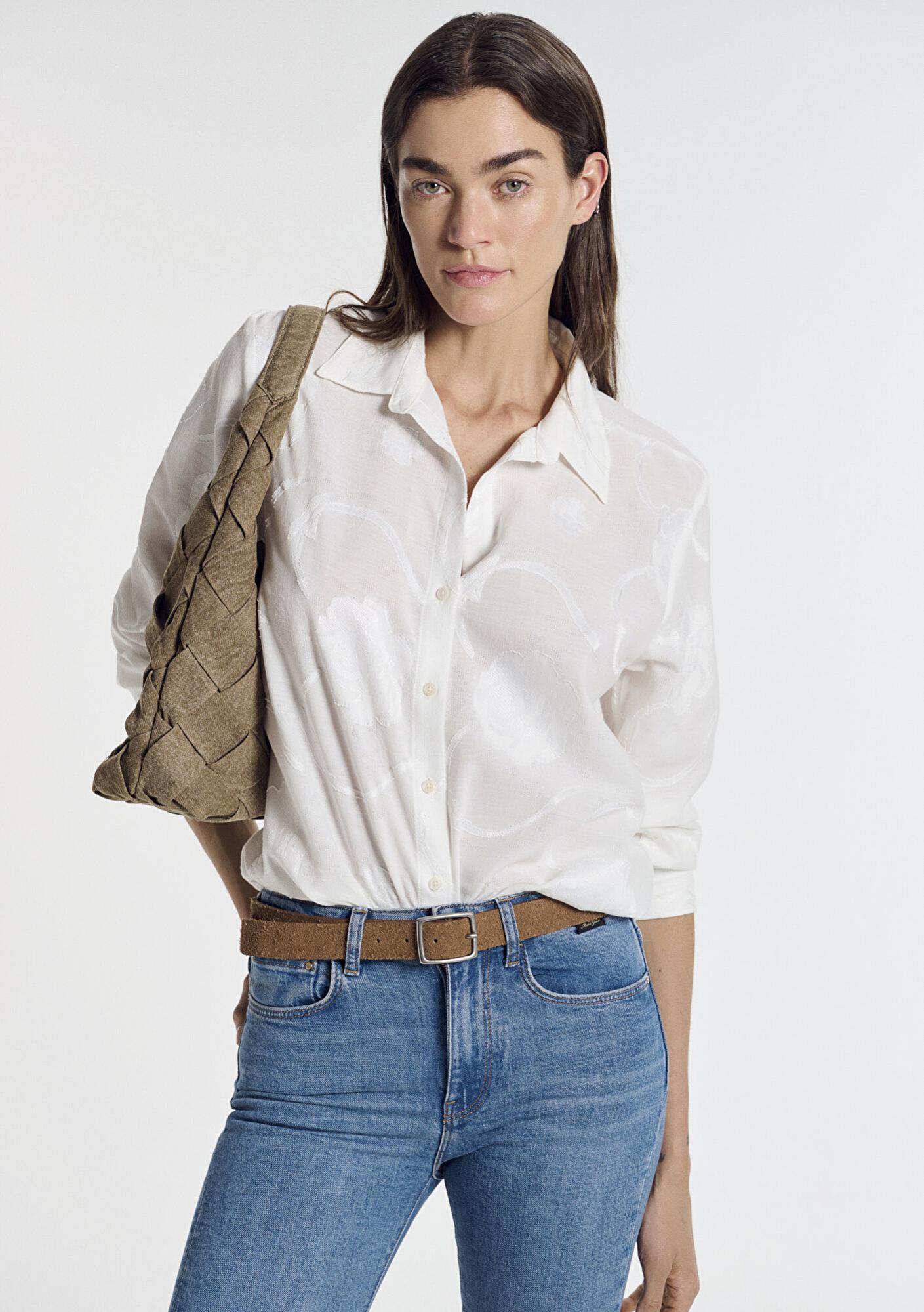 Mavi Baskılı Ekru Gömlek Loose Fit / Bol Rahat Kesim 1211437-70057