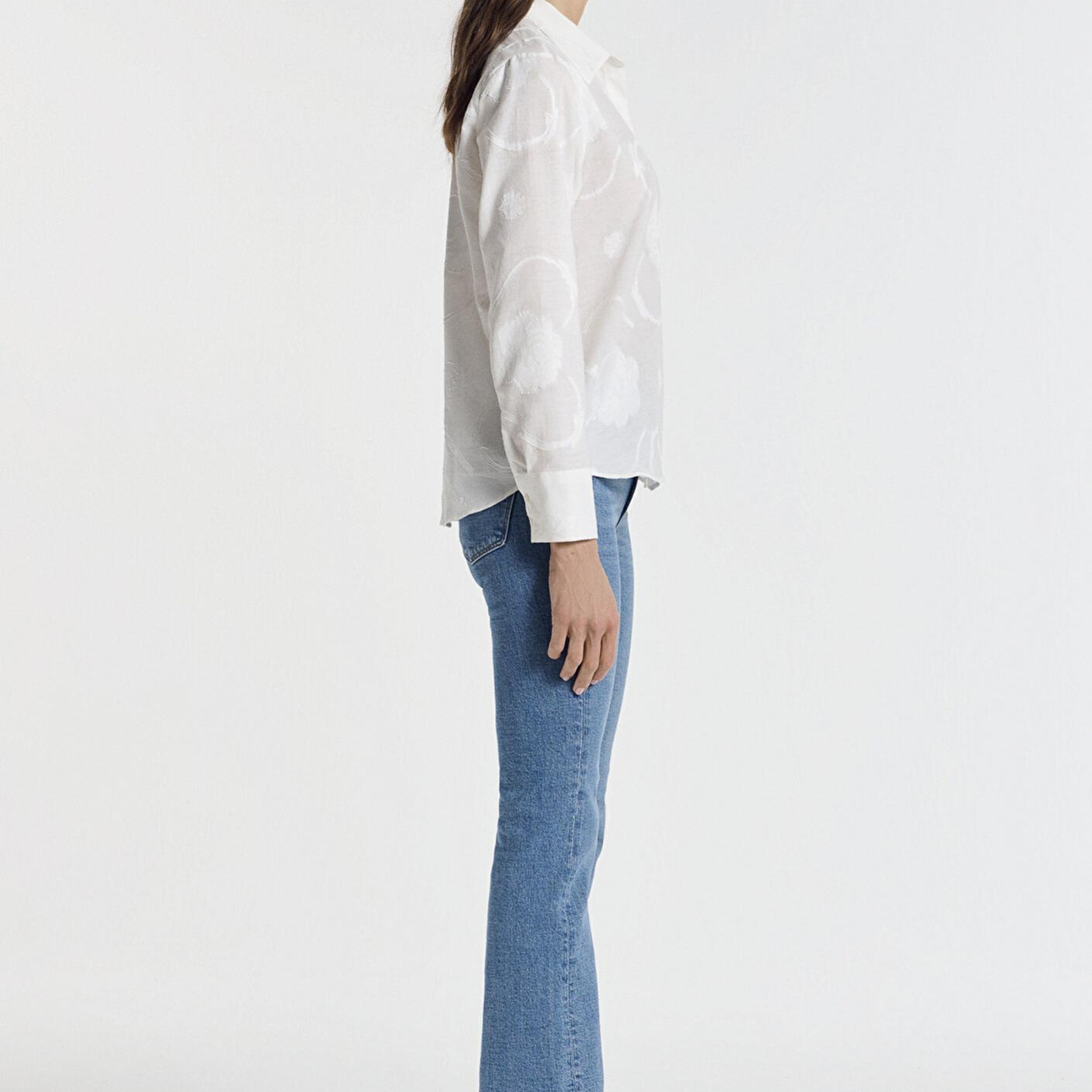 Mavi Baskılı Ekru Gömlek Loose Fit / Bol Rahat Kesim 1211437-70057