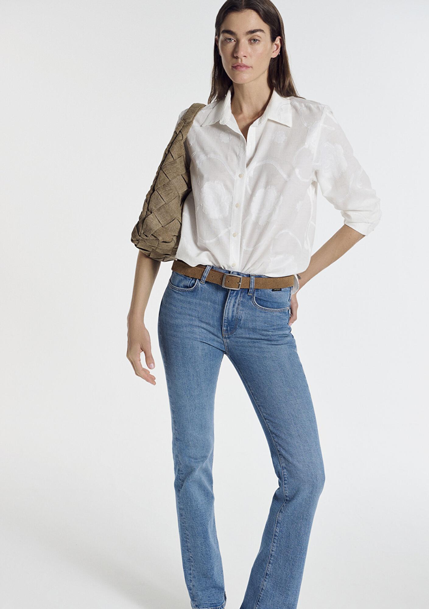 Mavi Baskılı Ekru Gömlek Loose Fit / Bol Rahat Kesim 1211437-70057