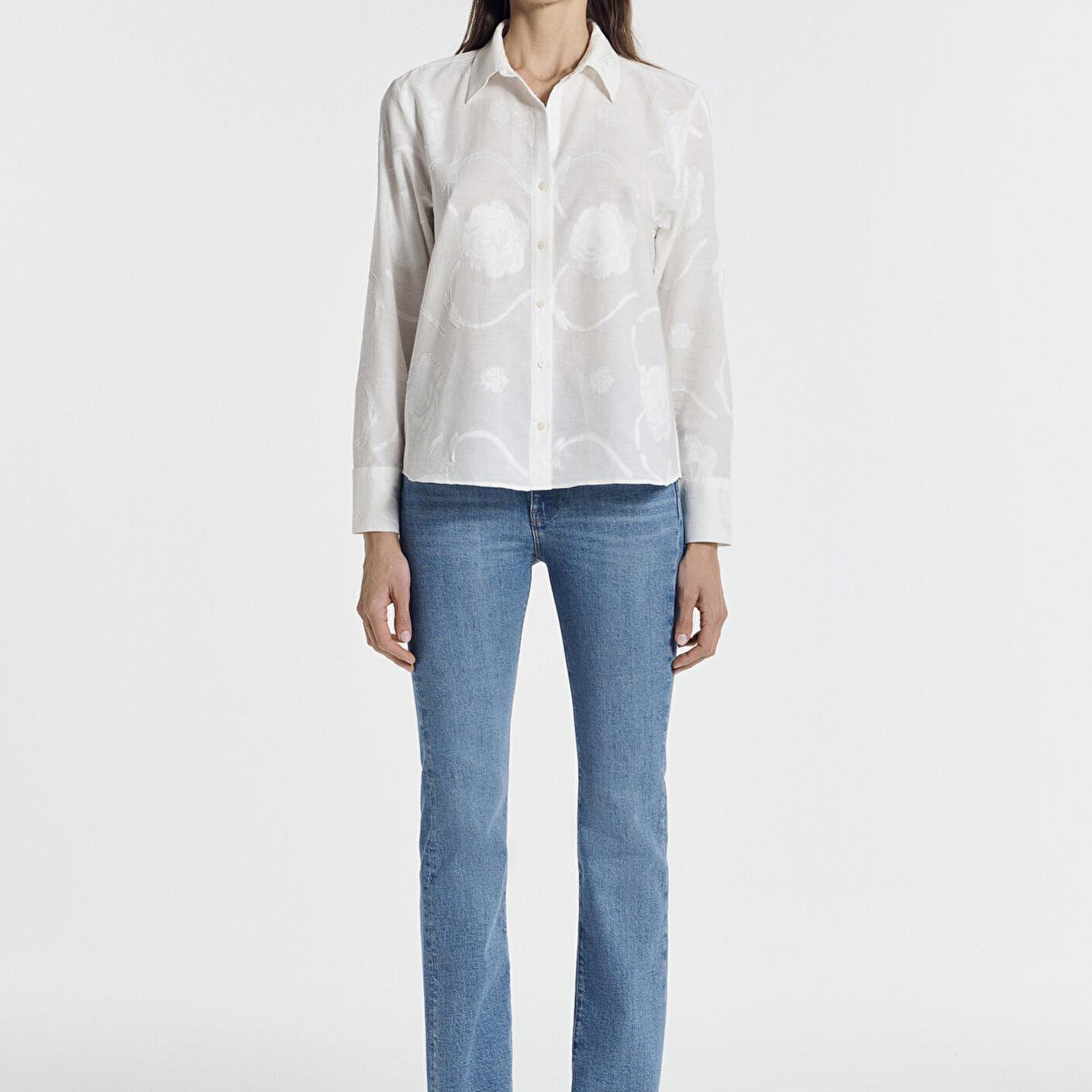 Mavi Baskılı Ekru Gömlek Loose Fit / Bol Rahat Kesim 1211437-70057