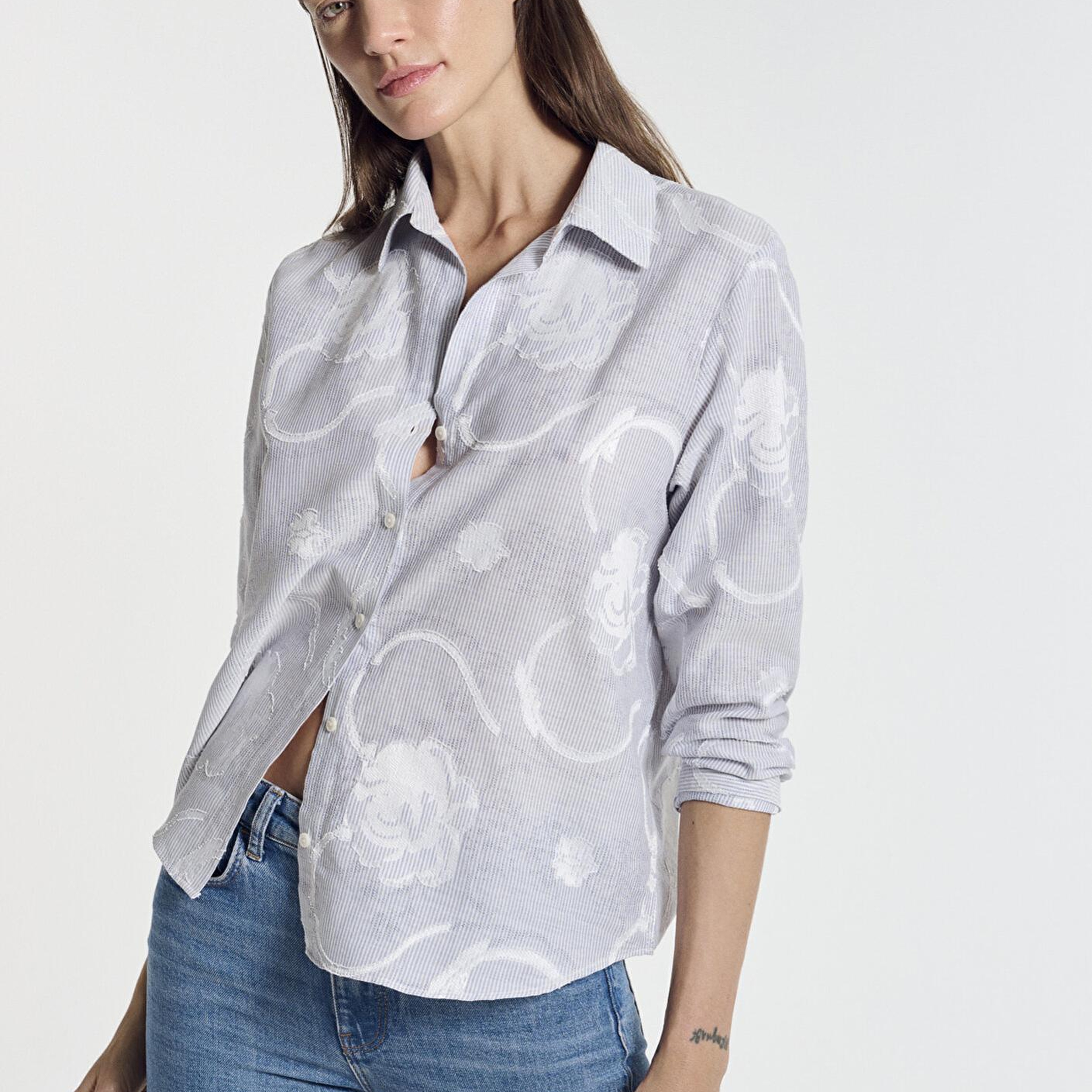 Mavi Baskılı Açık Mavi Gömlek Loose Fit / Bol Rahat Kesim 1211437-84336