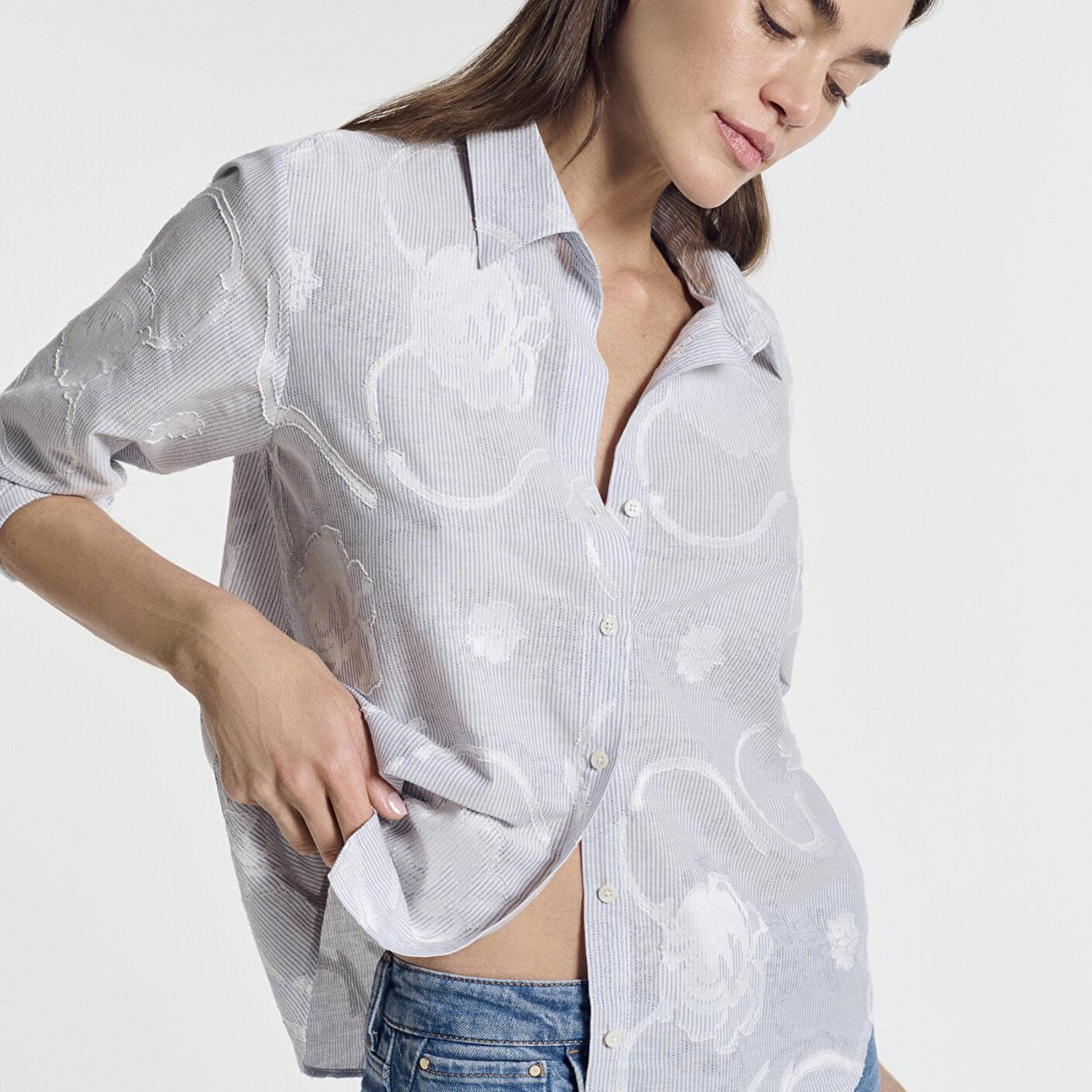 Mavi Baskılı Açık Mavi Gömlek Loose Fit / Bol Rahat Kesim 1211437-84336