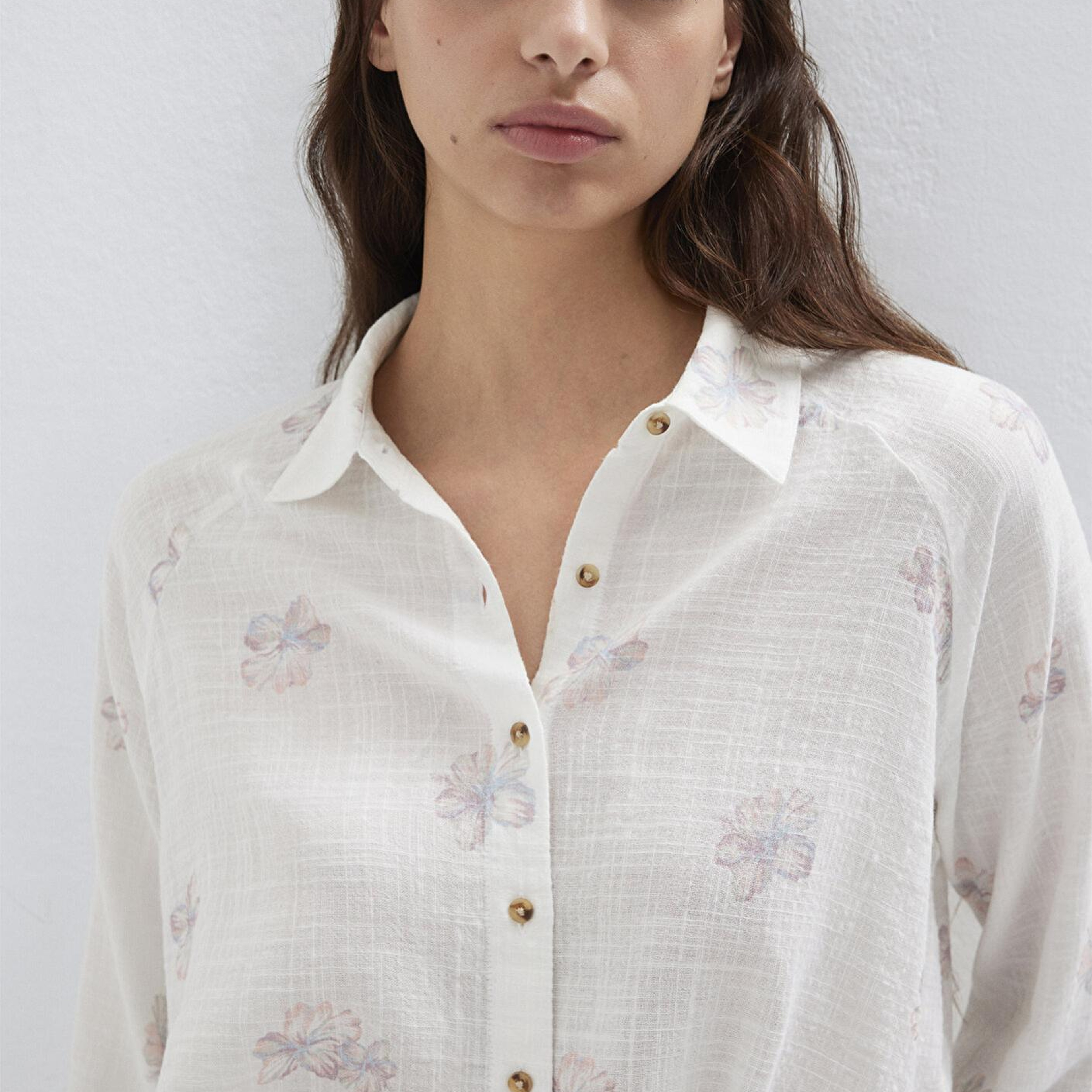 Mavi Çiçek Baskılı Ekru Gömlek Loose Fit / Bol Rahat Kesim 122514-91496