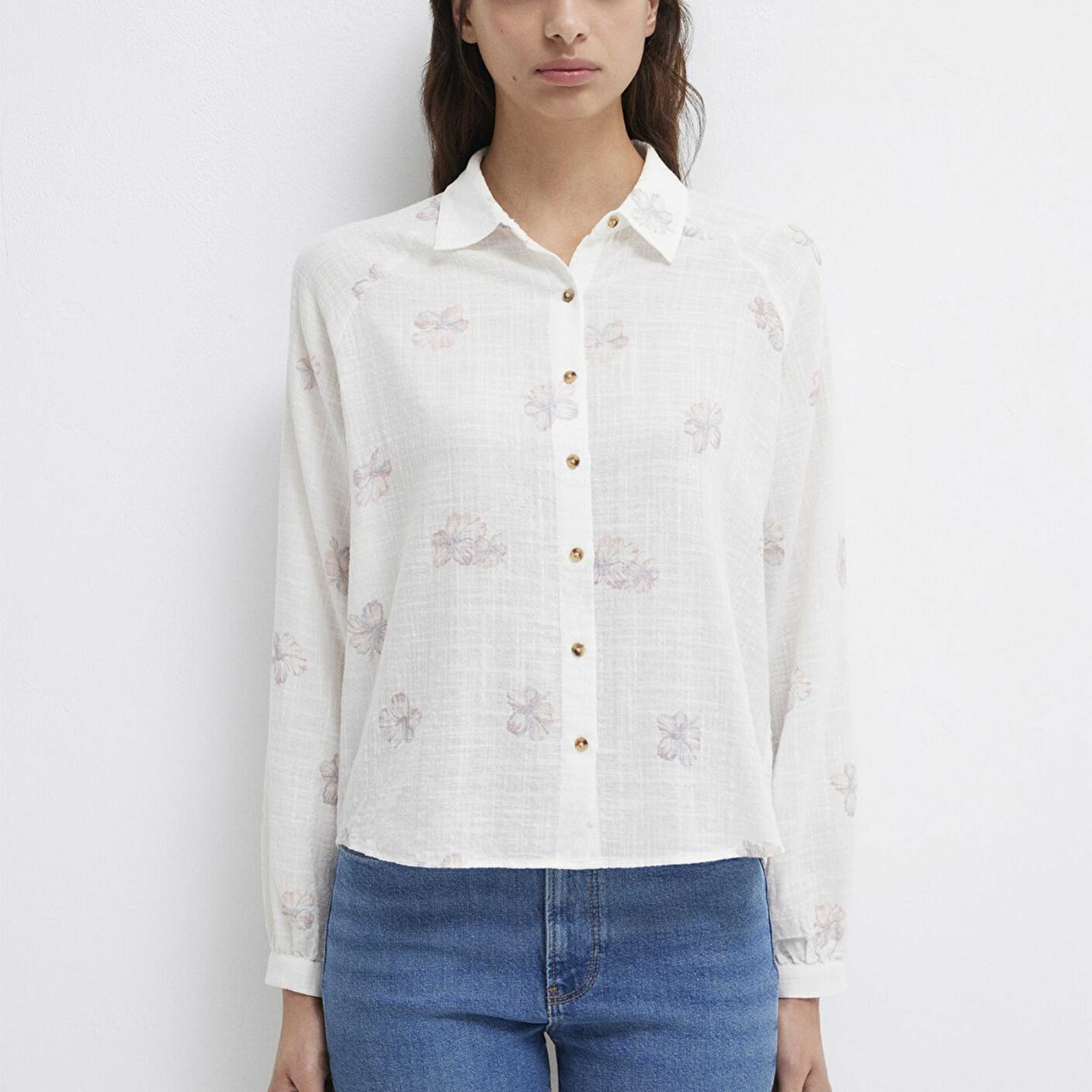 Mavi Çiçek Baskılı Ekru Gömlek Loose Fit / Bol Rahat Kesim 122514-91496