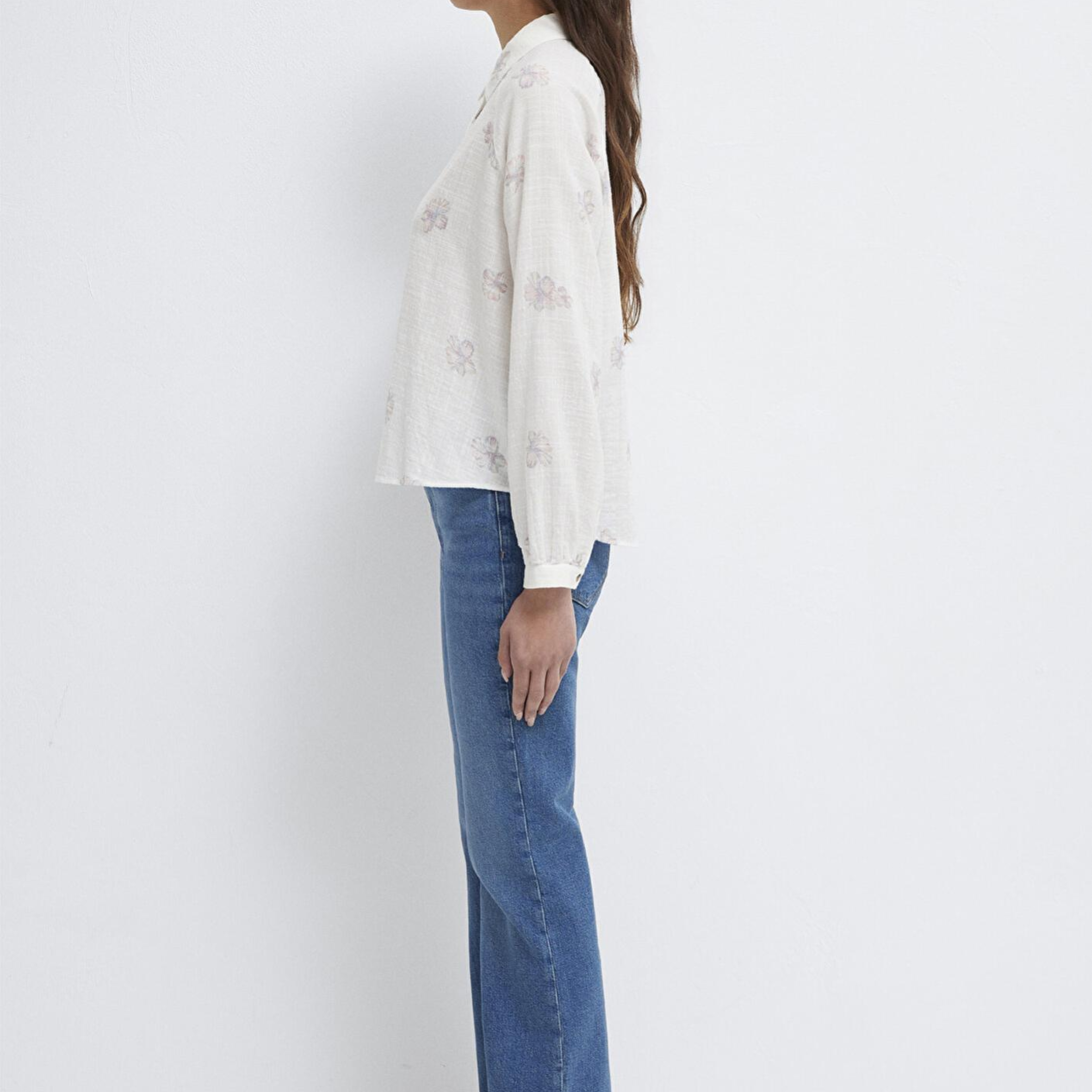 Mavi Çiçek Baskılı Ekru Gömlek Loose Fit / Bol Rahat Kesim 122514-91496