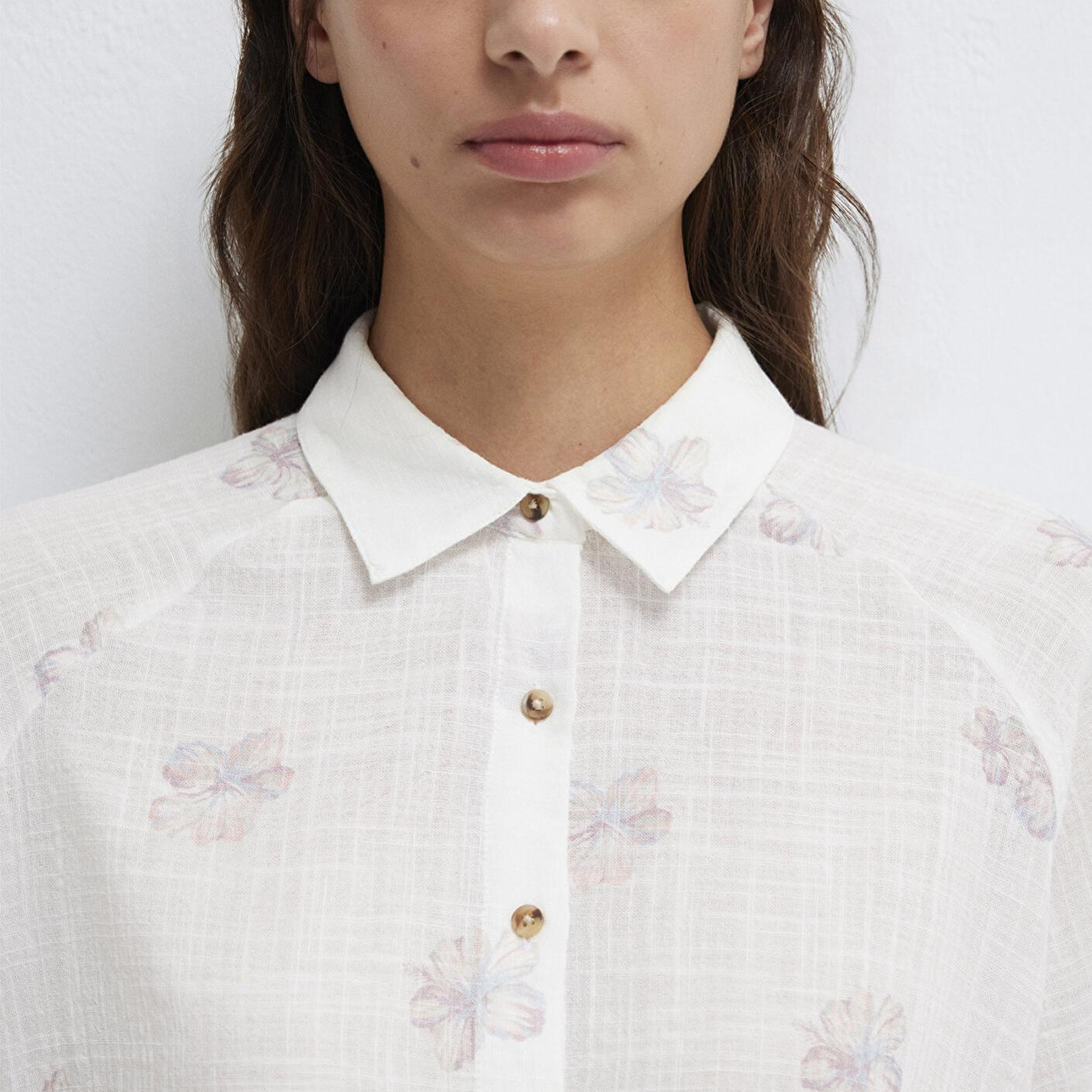 Mavi Çiçek Baskılı Ekru Gömlek Loose Fit / Bol Rahat Kesim 122514-91496