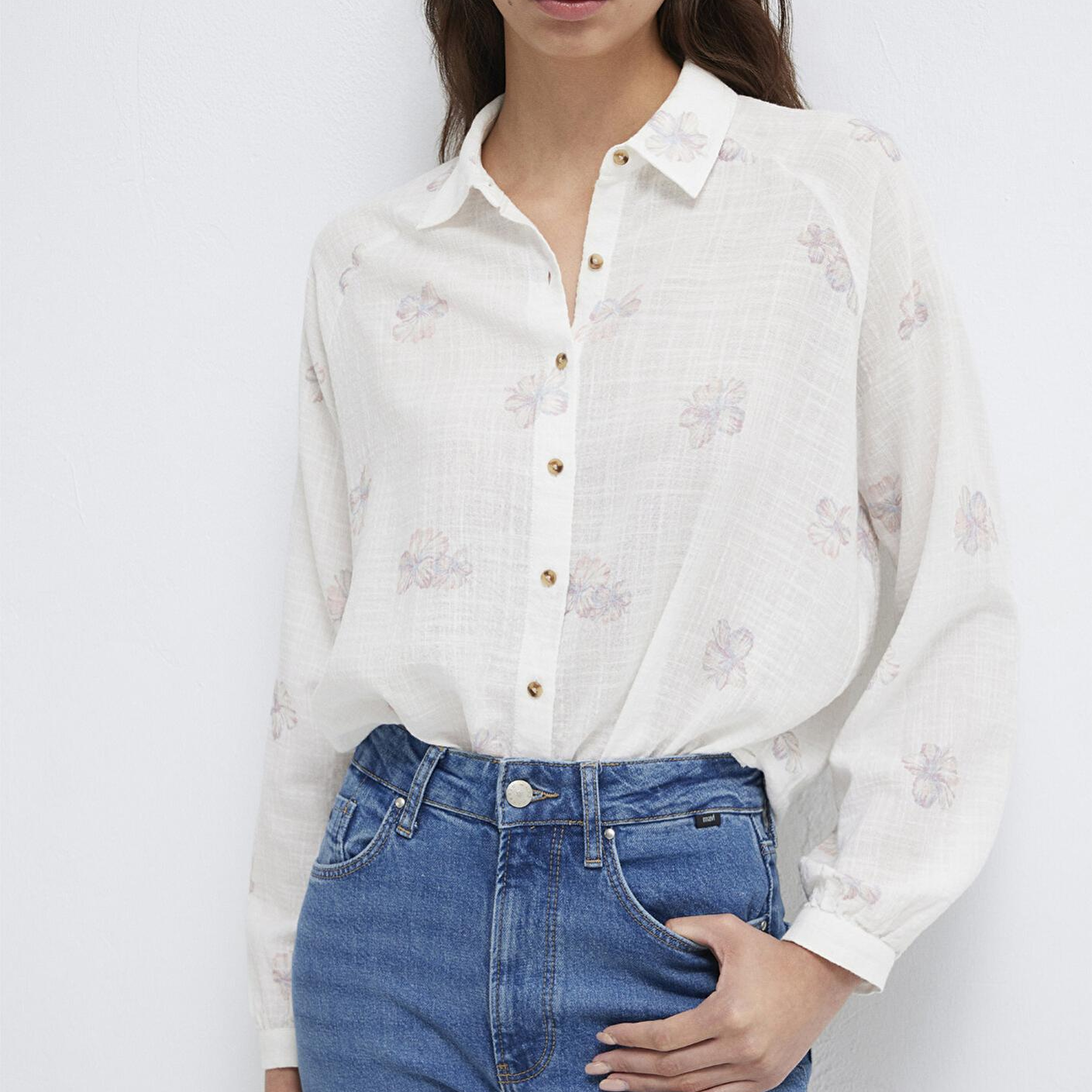 Mavi Çiçek Baskılı Ekru Gömlek Loose Fit / Bol Rahat Kesim 122514-91496