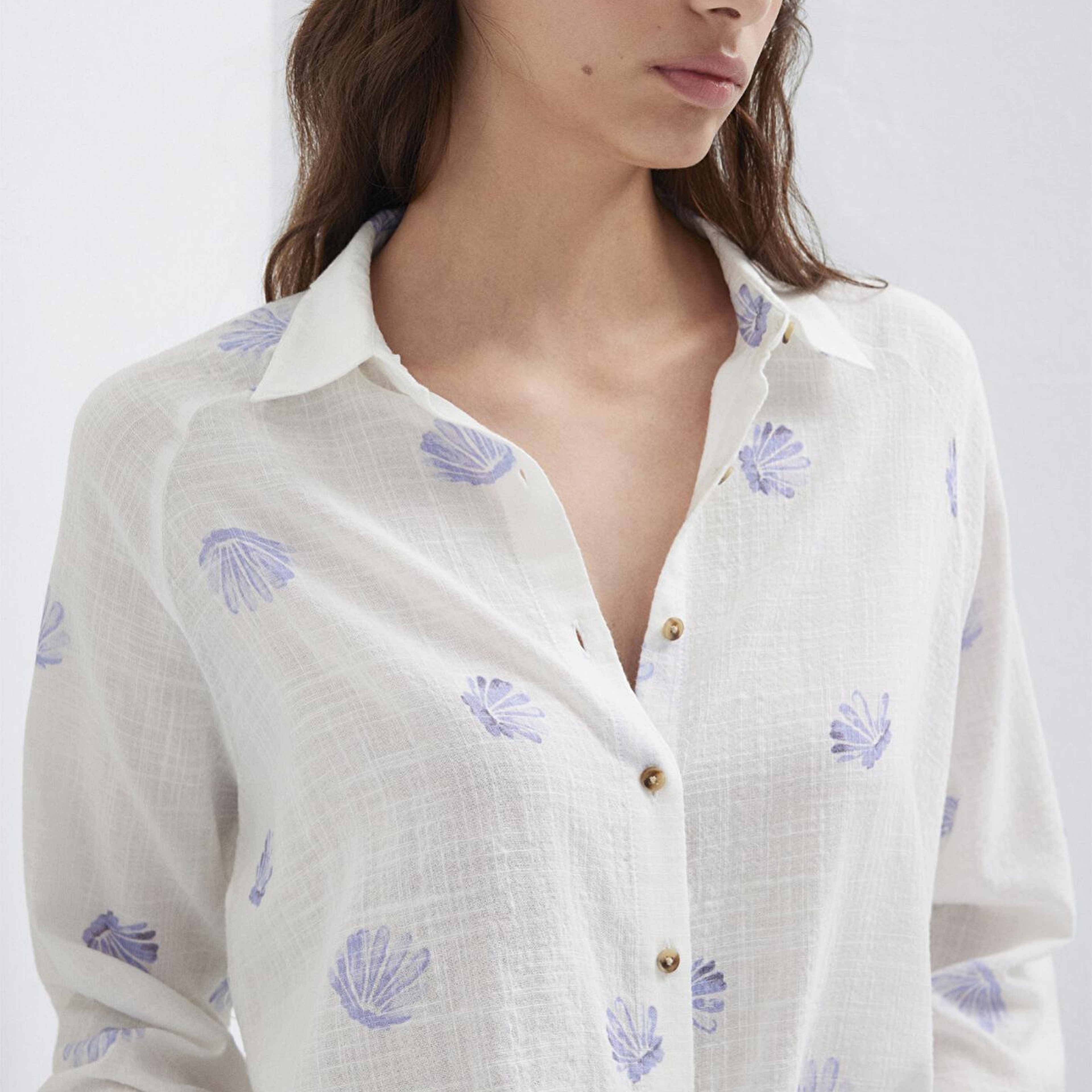 Mavi Deniz Kabuğu Baskılı Ekru Gömlek Loose Fit / Bol Rahat Kesim 122514-91497