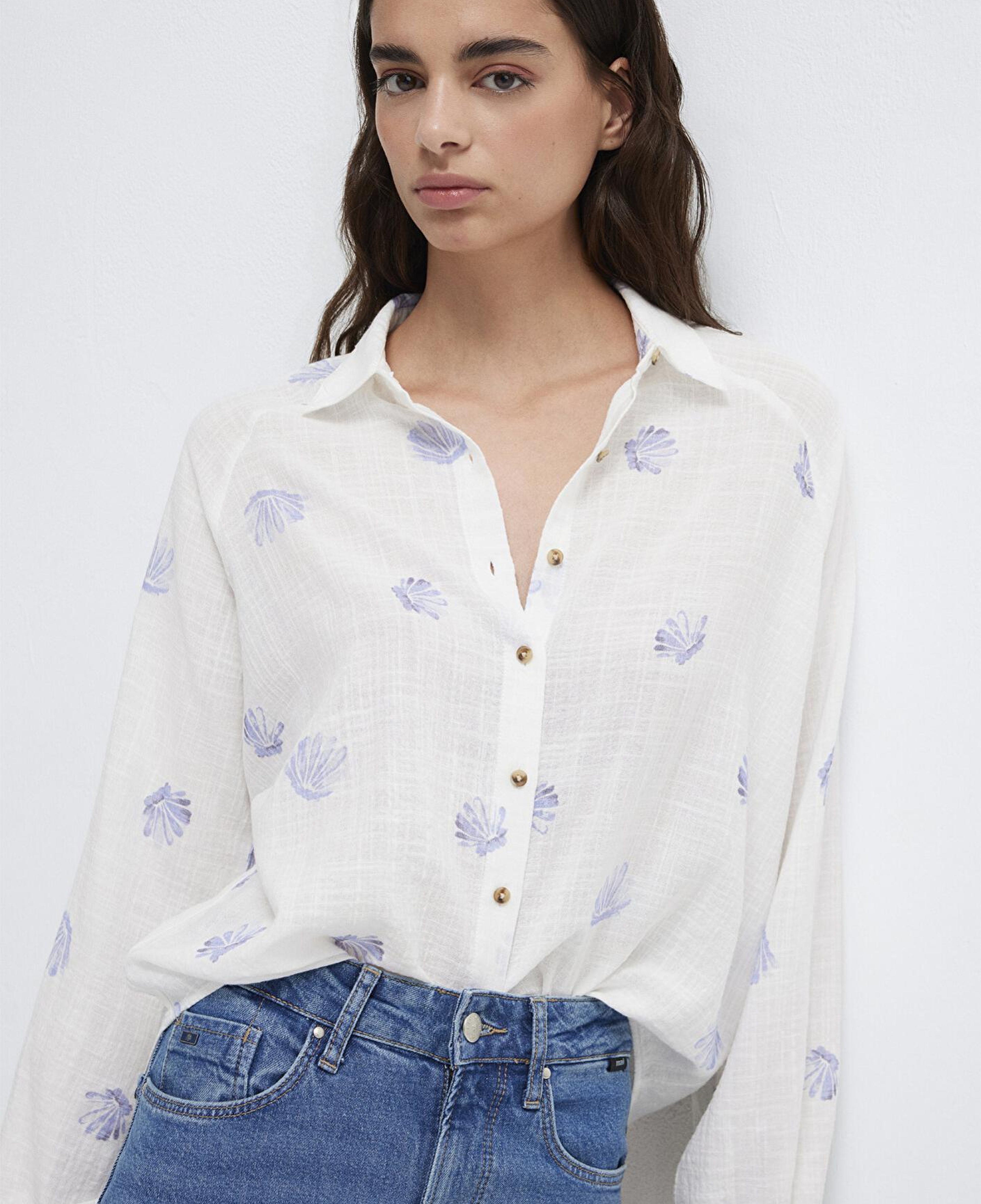 Mavi Deniz Kabuğu Baskılı Ekru Gömlek Loose Fit / Bol Rahat Kesim 122514-91497