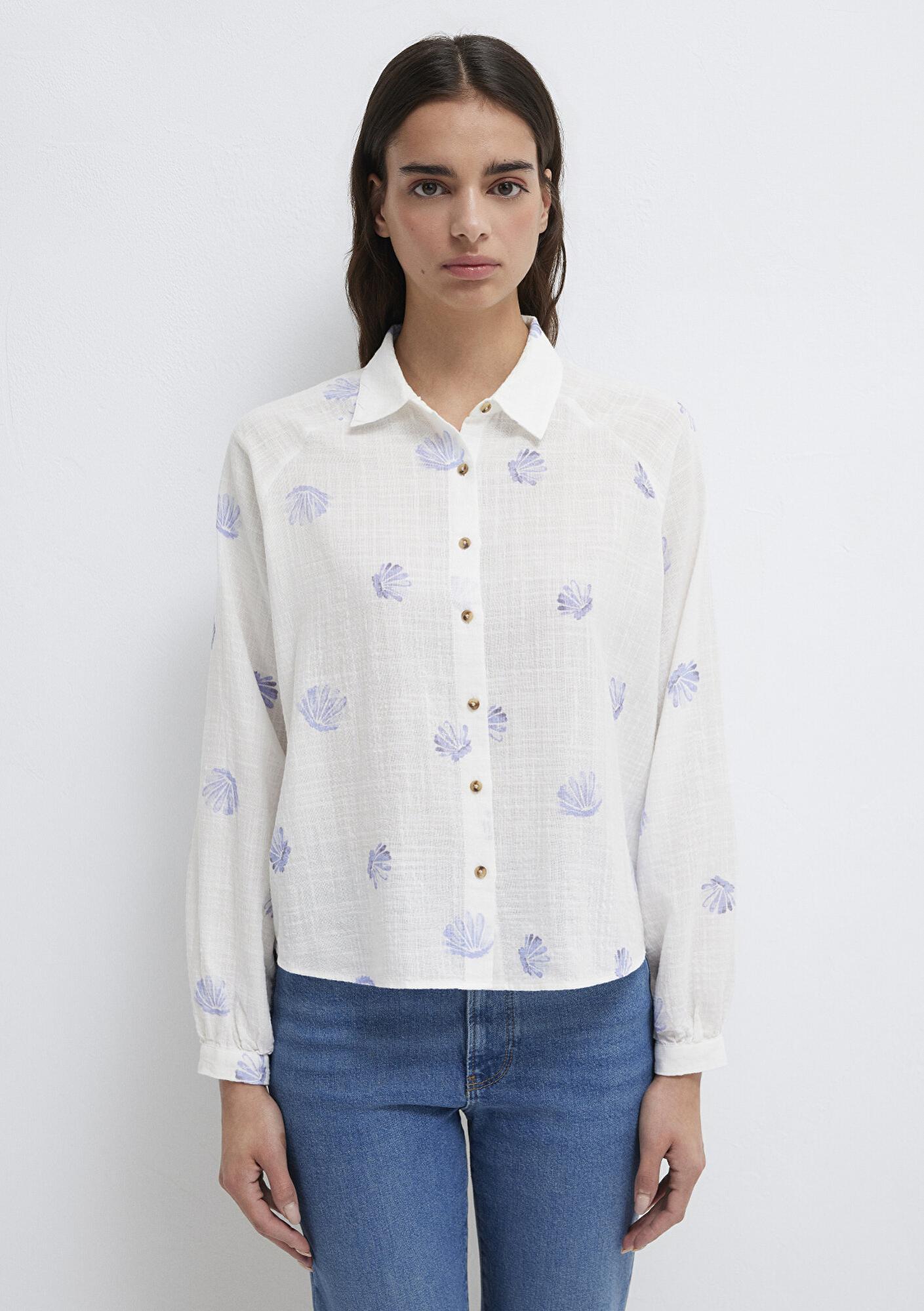 Mavi Deniz Kabuğu Baskılı Ekru Gömlek Loose Fit / Bol Rahat Kesim 122514-91497