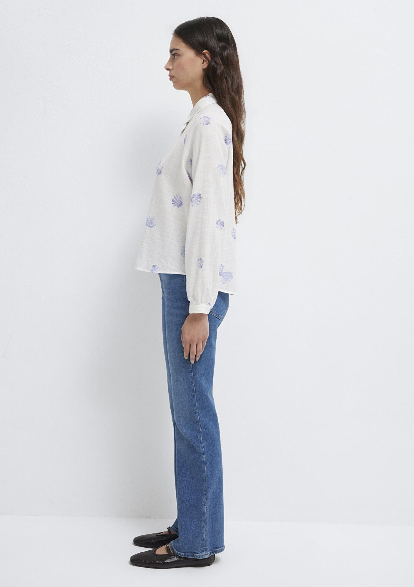 Mavi Deniz Kabuğu Baskılı Ekru Gömlek Loose Fit / Bol Rahat Kesim 122514-91497