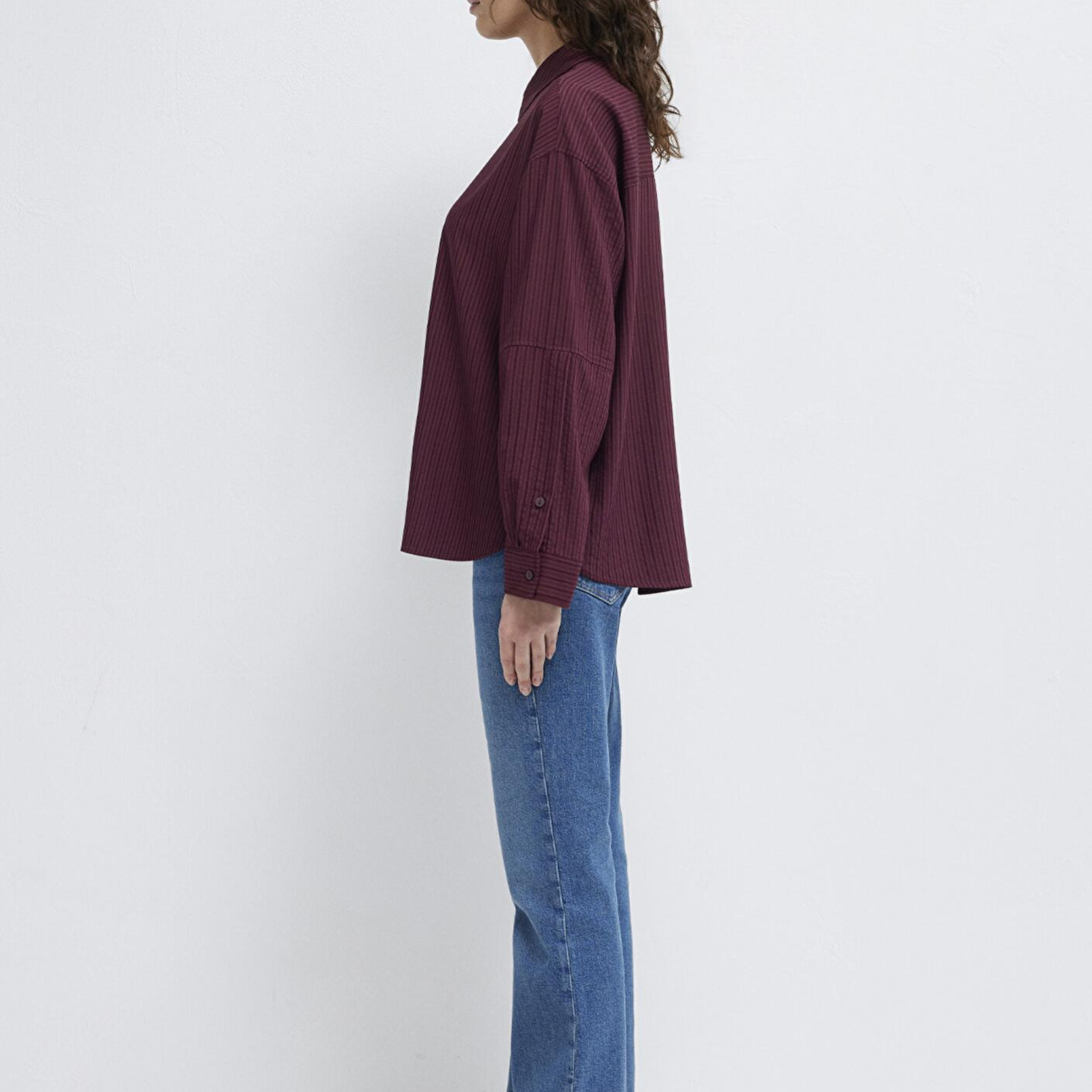 Mavi Çizgili Bordo Gömlek Oversize / Geniş Kesim 1210878-70434