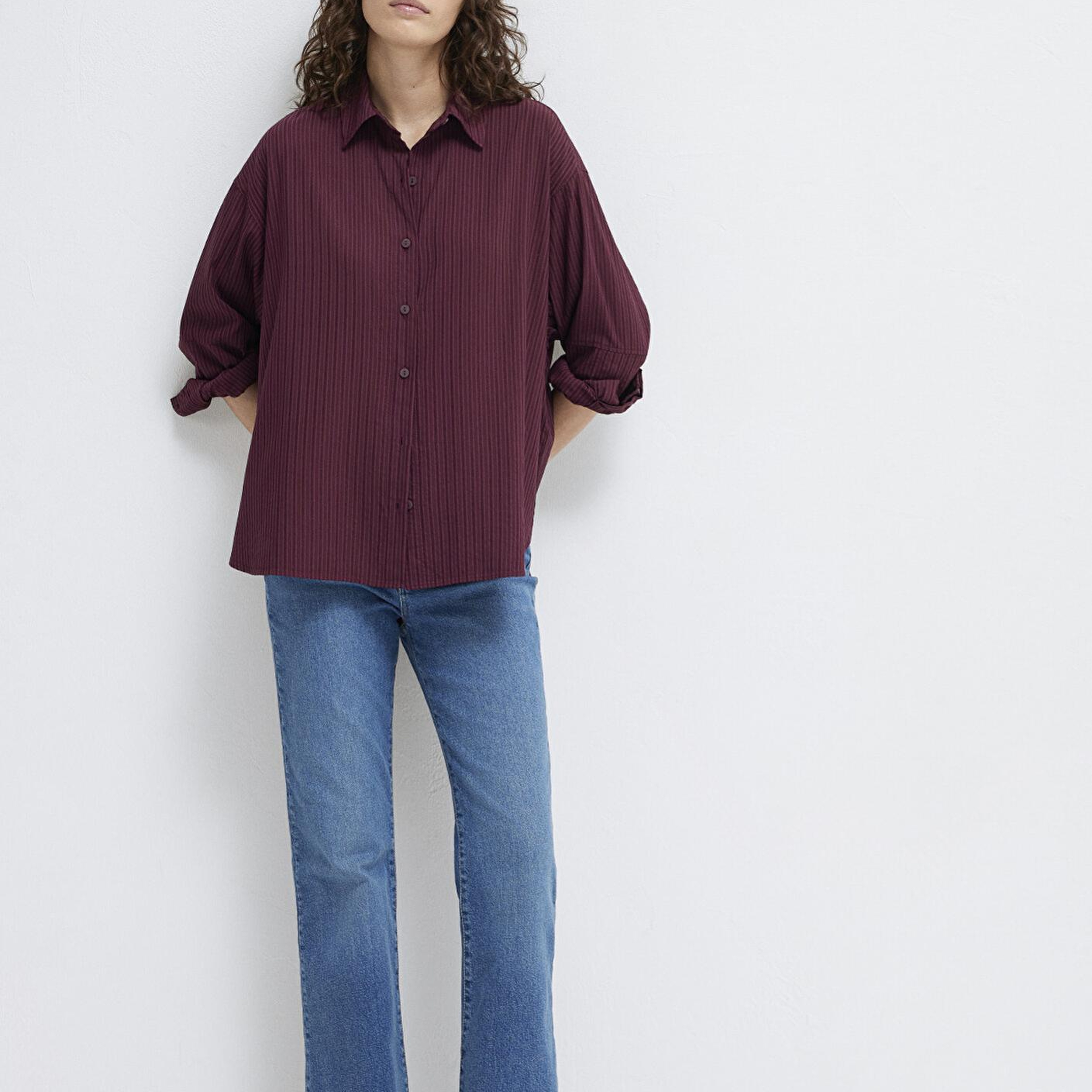 Mavi Çizgili Bordo Gömlek Oversize / Geniş Kesim 1210878-70434