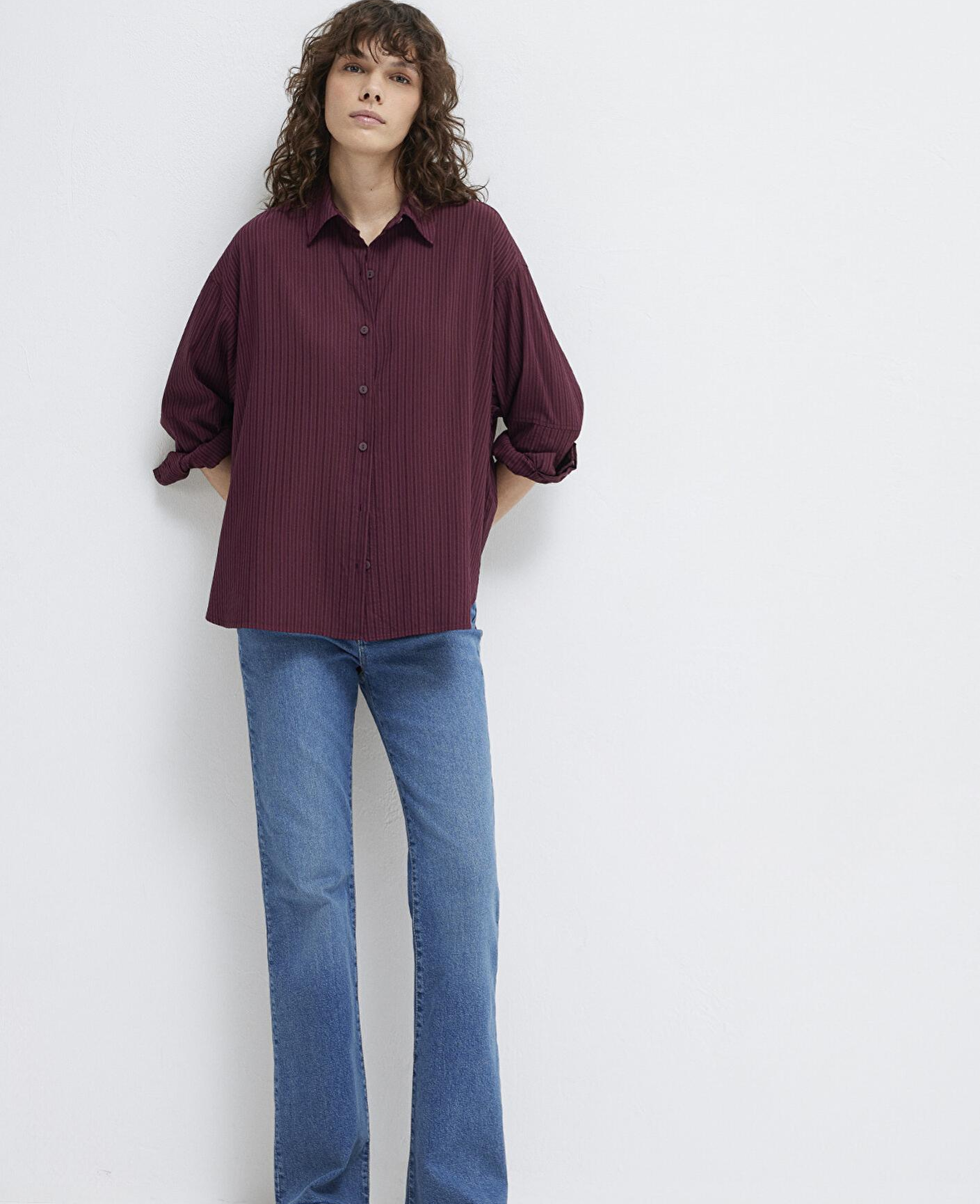 Mavi Çizgili Bordo Gömlek Oversize / Geniş Kesim 1210878-70434