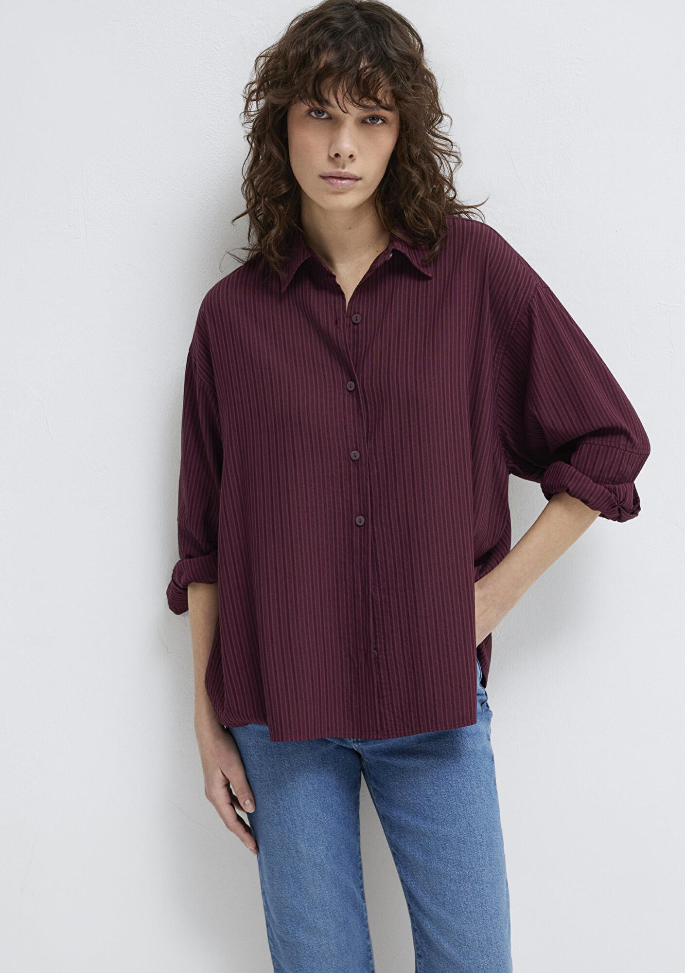 Mavi Çizgili Bordo Gömlek Oversize / Geniş Kesim 1210878-70434