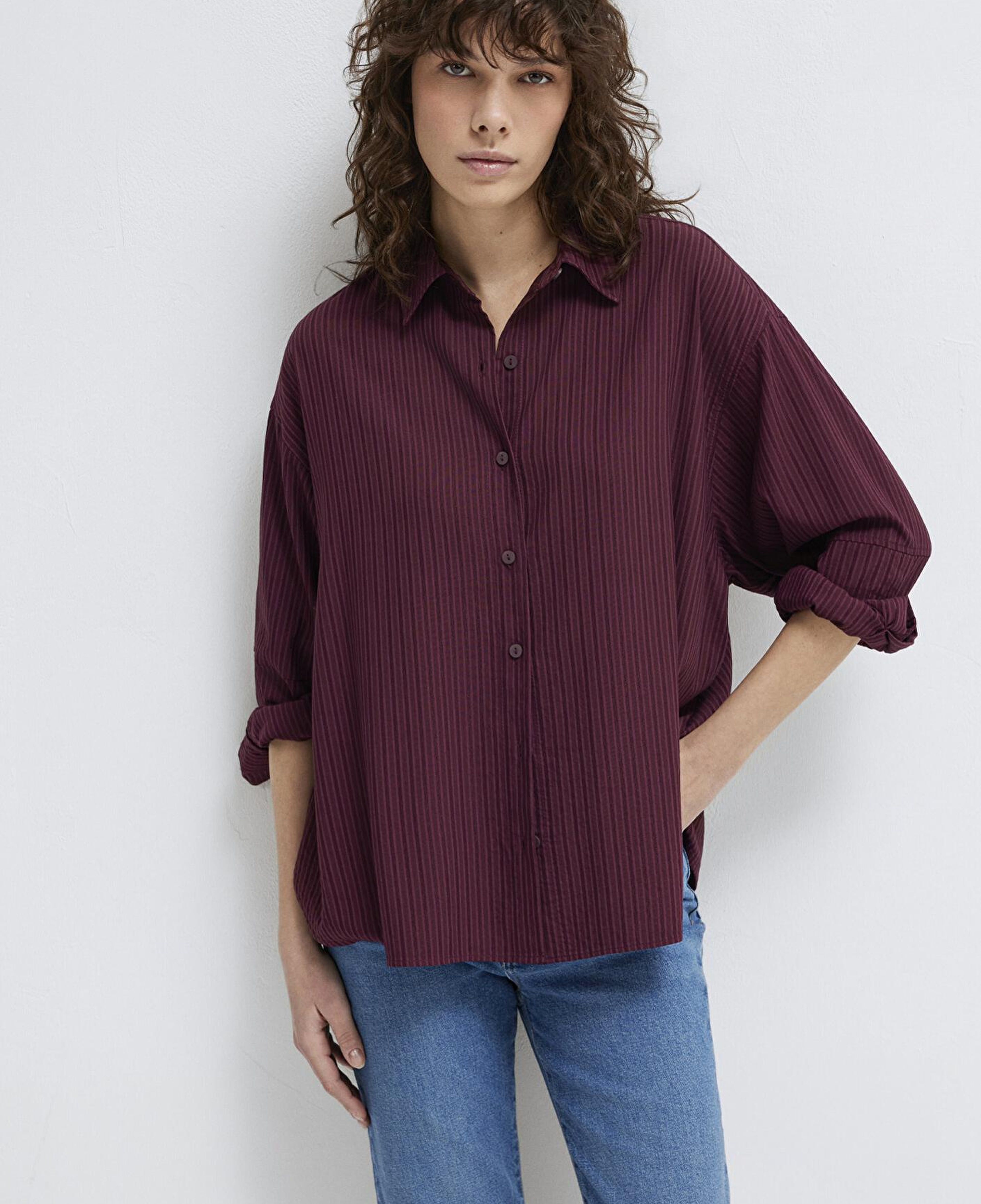 Mavi Çizgili Bordo Gömlek Oversize / Geniş Kesim 1210878-70434