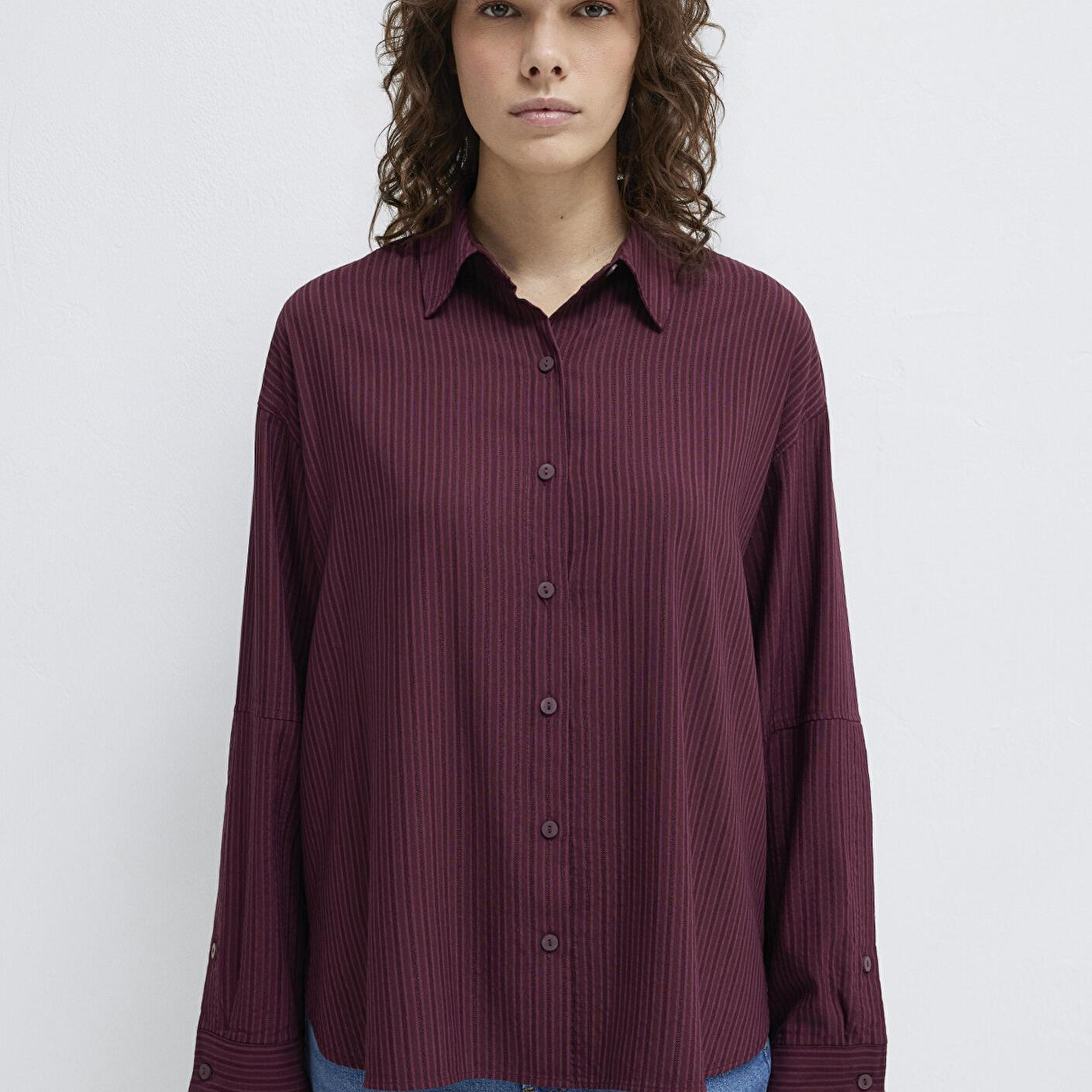 Mavi Çizgili Bordo Gömlek Oversize / Geniş Kesim 1210878-70434