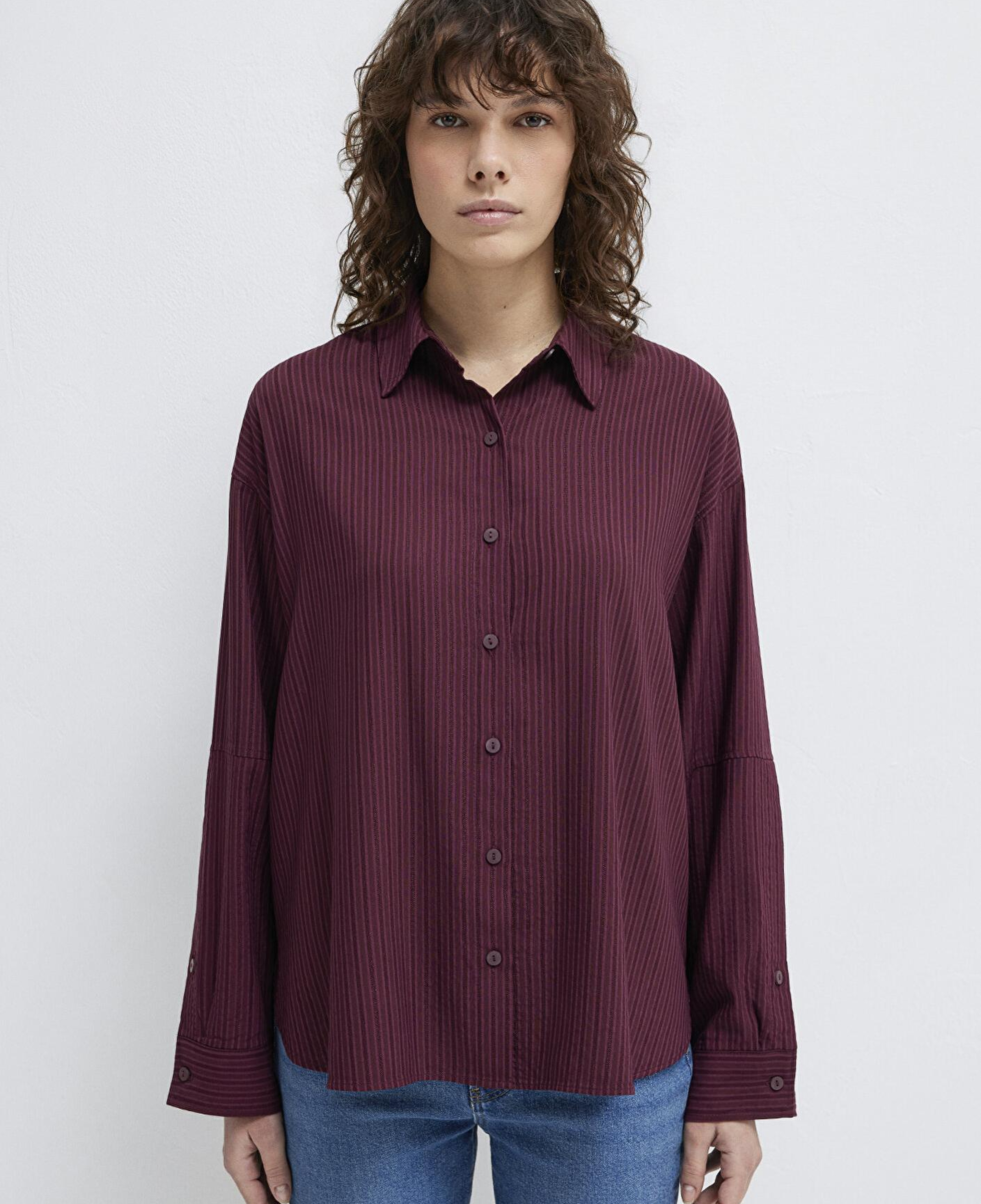 Mavi Çizgili Bordo Gömlek Oversize / Geniş Kesim 1210878-70434