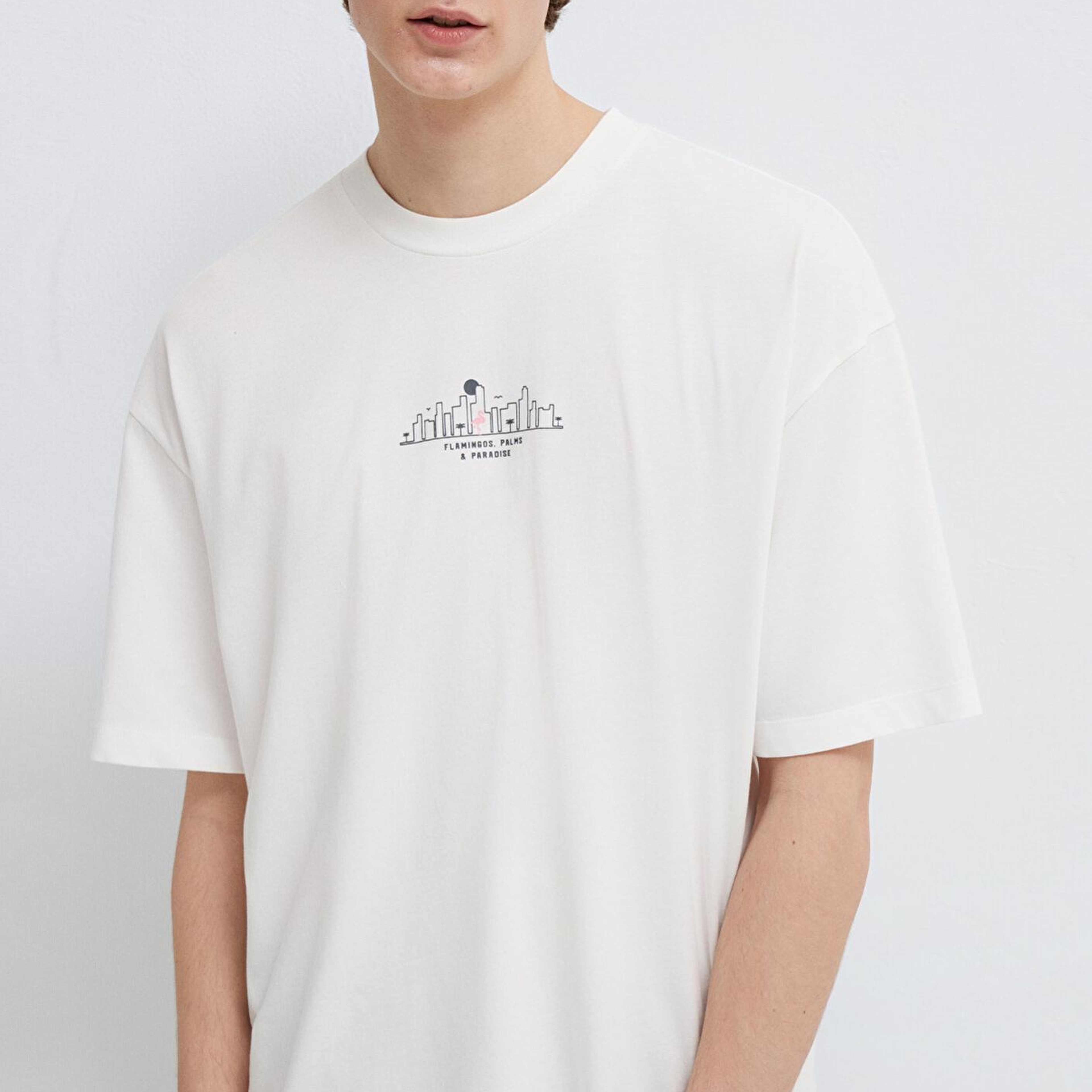 Mavi Miami Baskılı Ekru Tişört Oversize / Geniş Kesim 0613296-70057