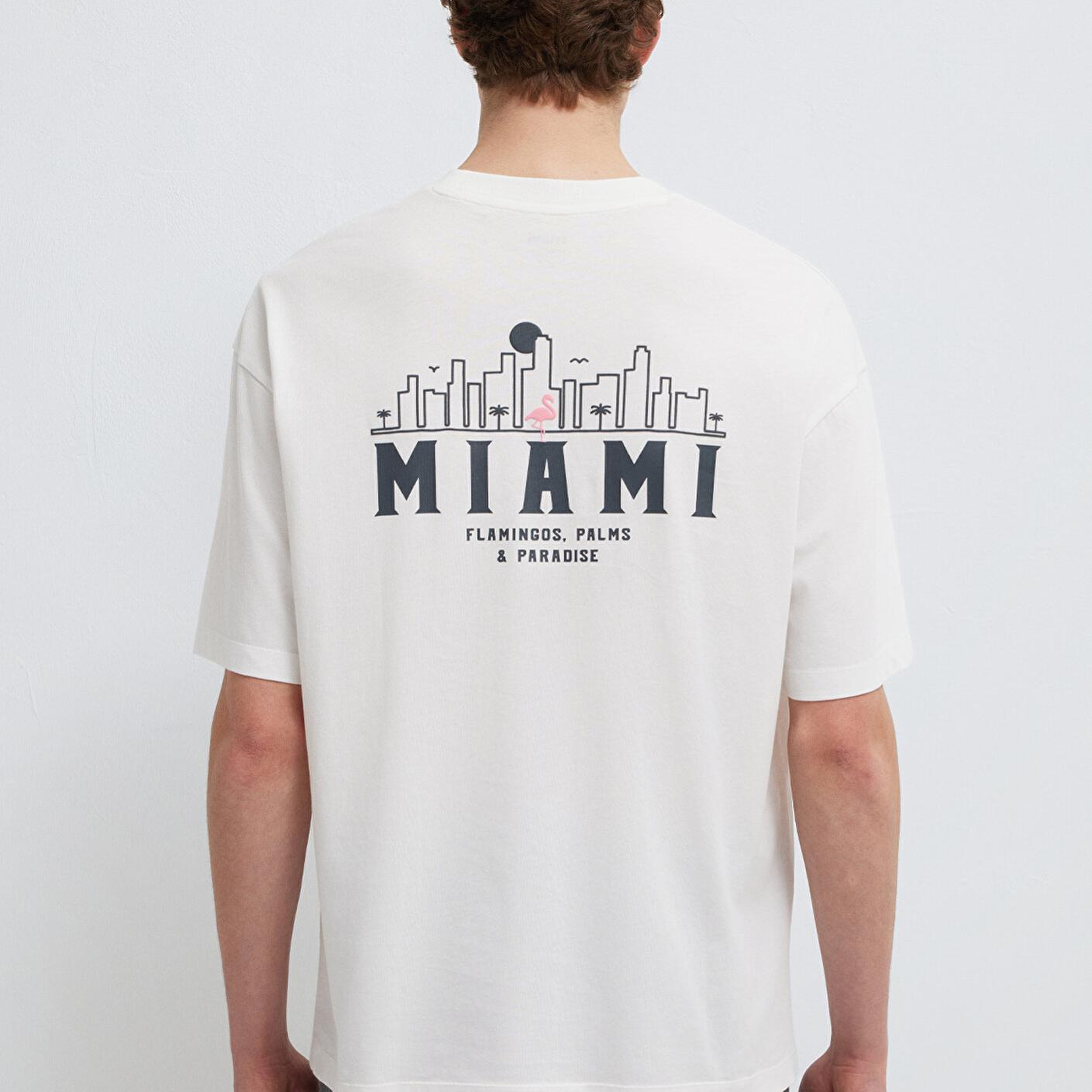 Mavi Miami Baskılı Ekru Tişört Oversize / Geniş Kesim 0613296-70057