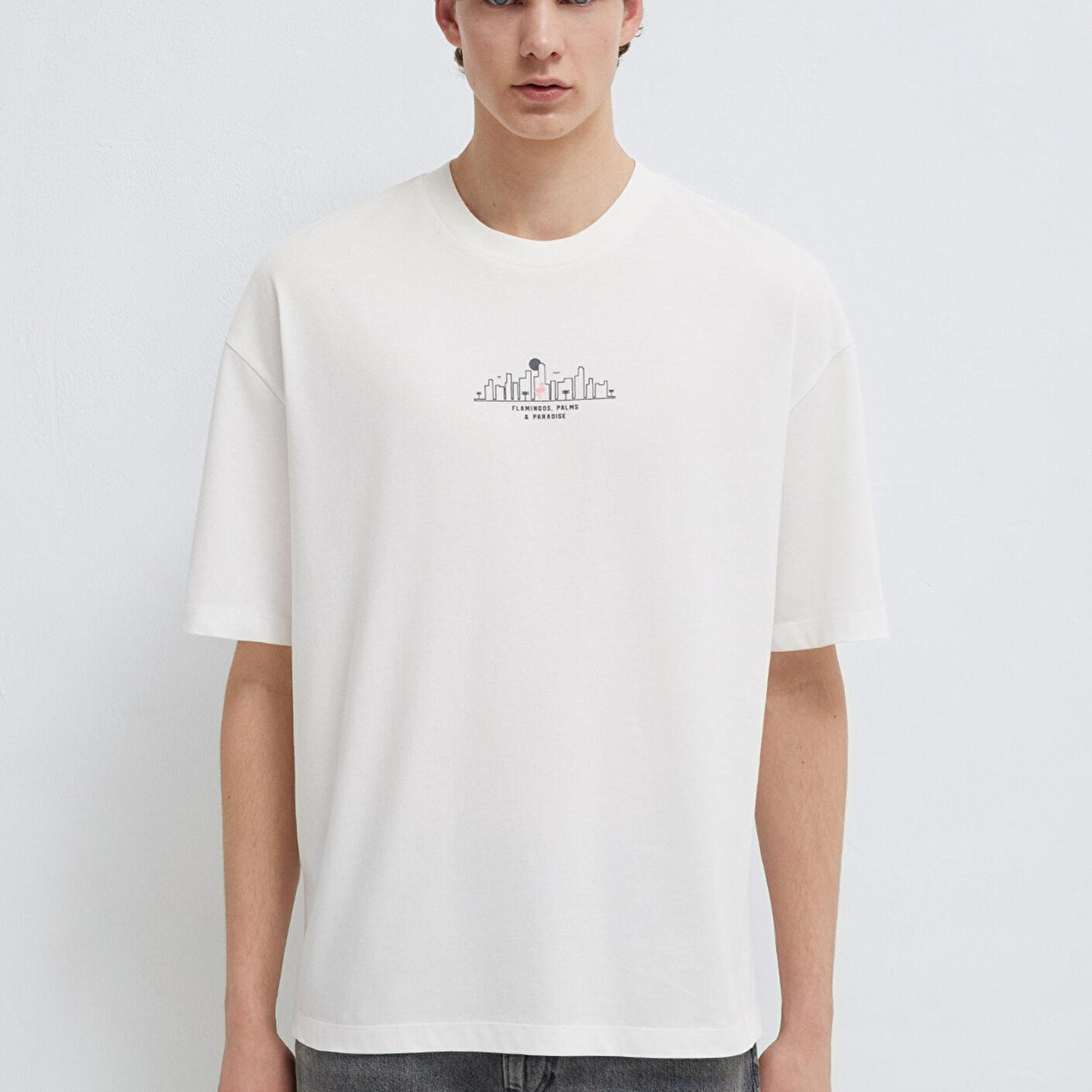 Mavi Miami Baskılı Ekru Tişört Oversize / Geniş Kesim 0613296-70057