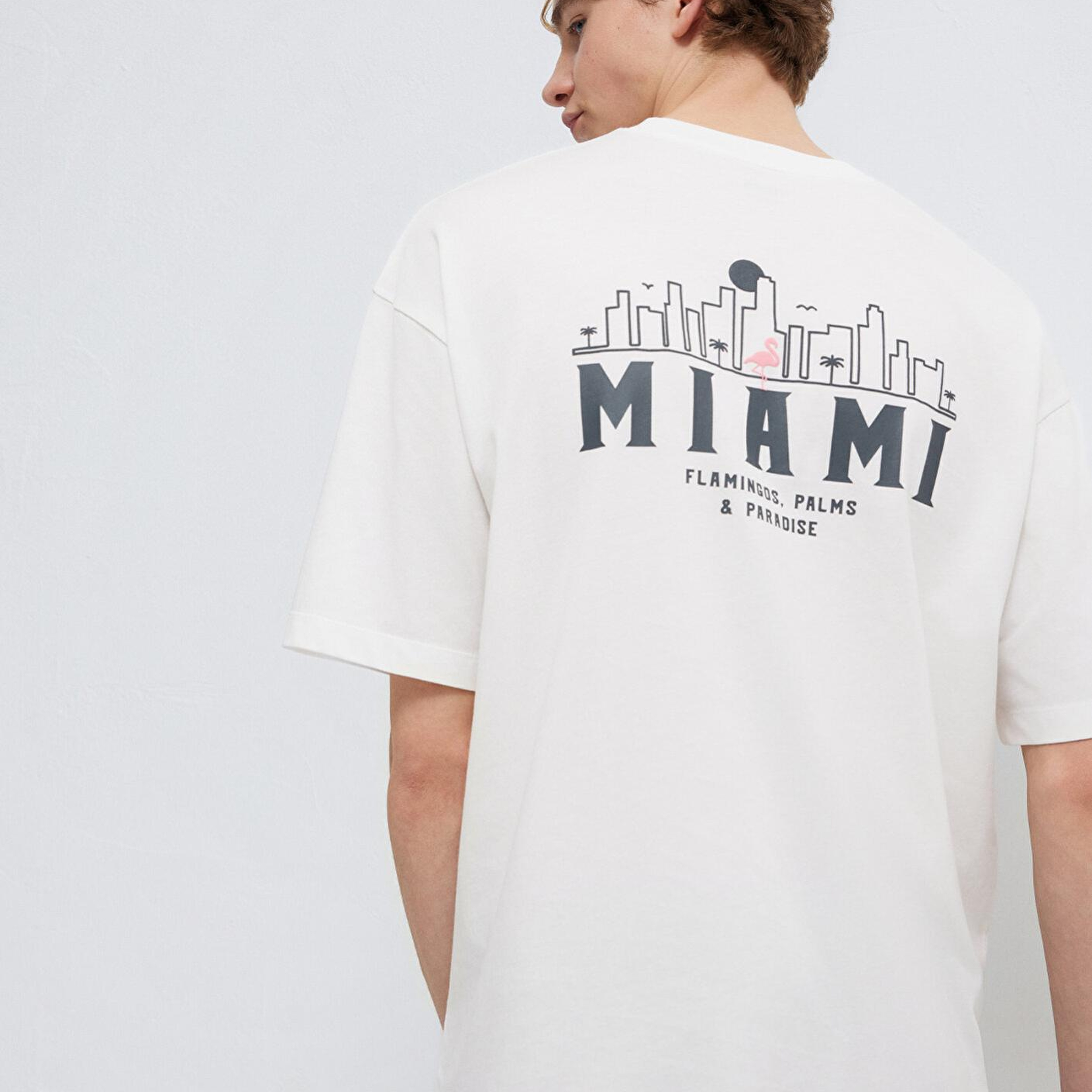 Mavi Miami Baskılı Ekru Tişört Oversize / Geniş Kesim 0613296-70057