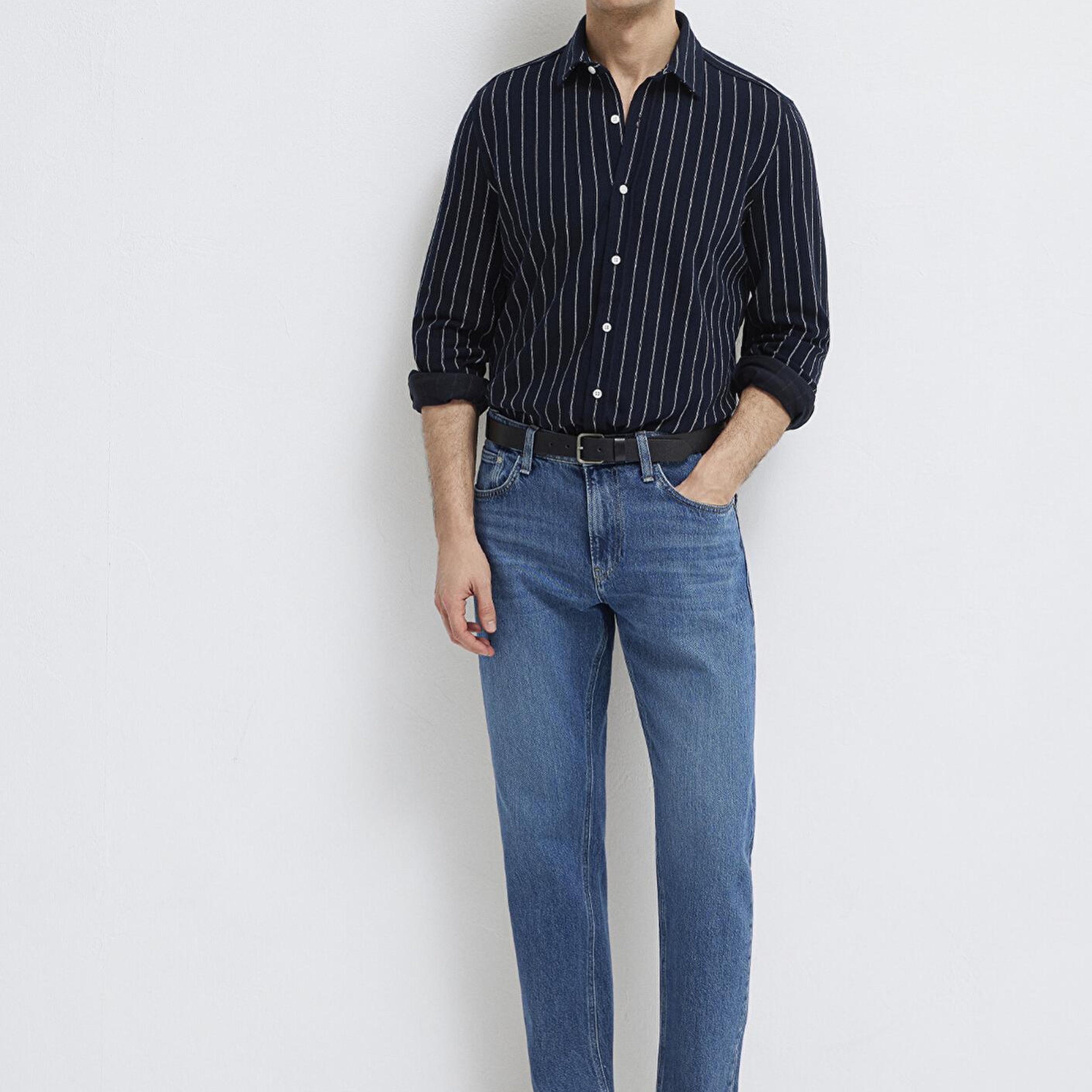 Mavi Çizgili Siyah Gömlek Regular Fit / Normal Kesim 0211998-91552