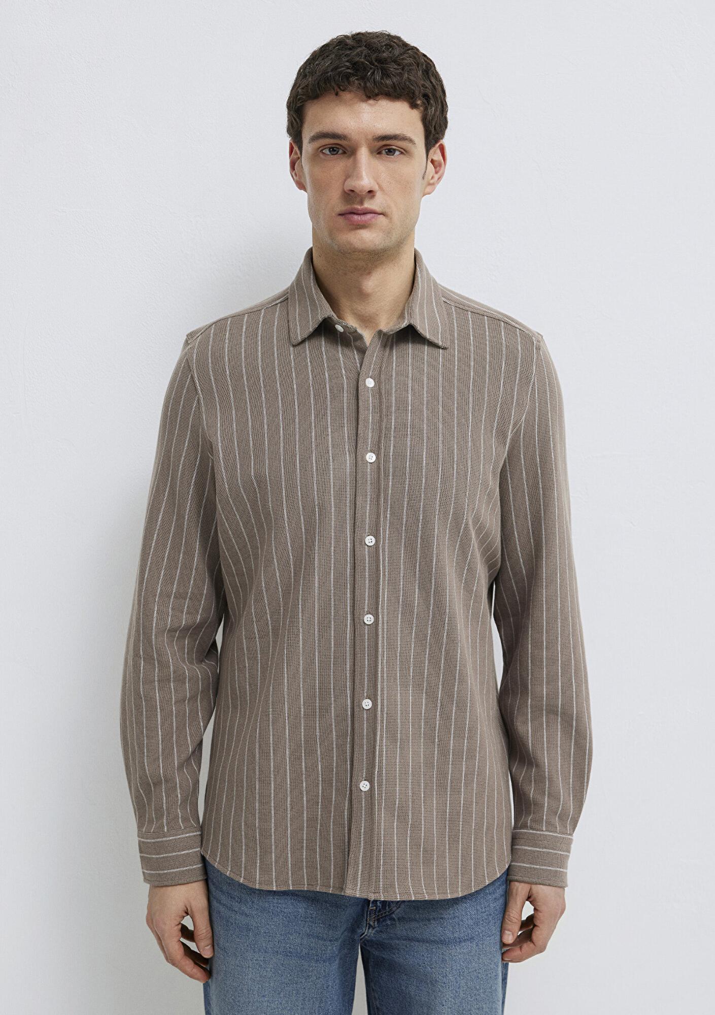 Mavi Çizgili Kahverengi Gömlek Regular Fit / Normal Kesim 0211998-91553