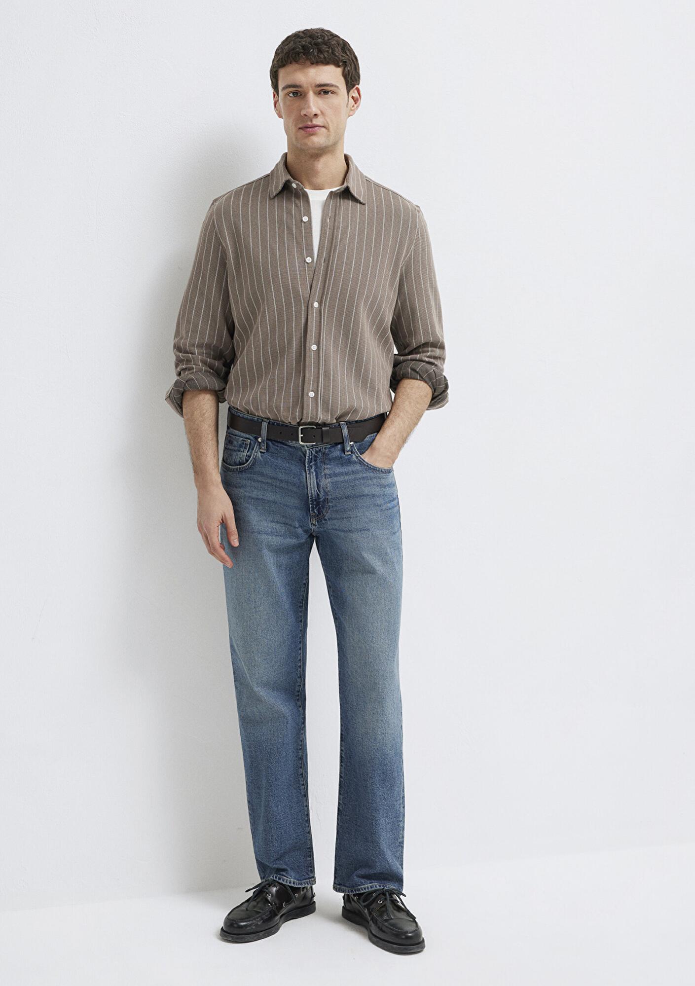 Mavi Çizgili Kahverengi Gömlek Regular Fit / Normal Kesim 0211998-91553