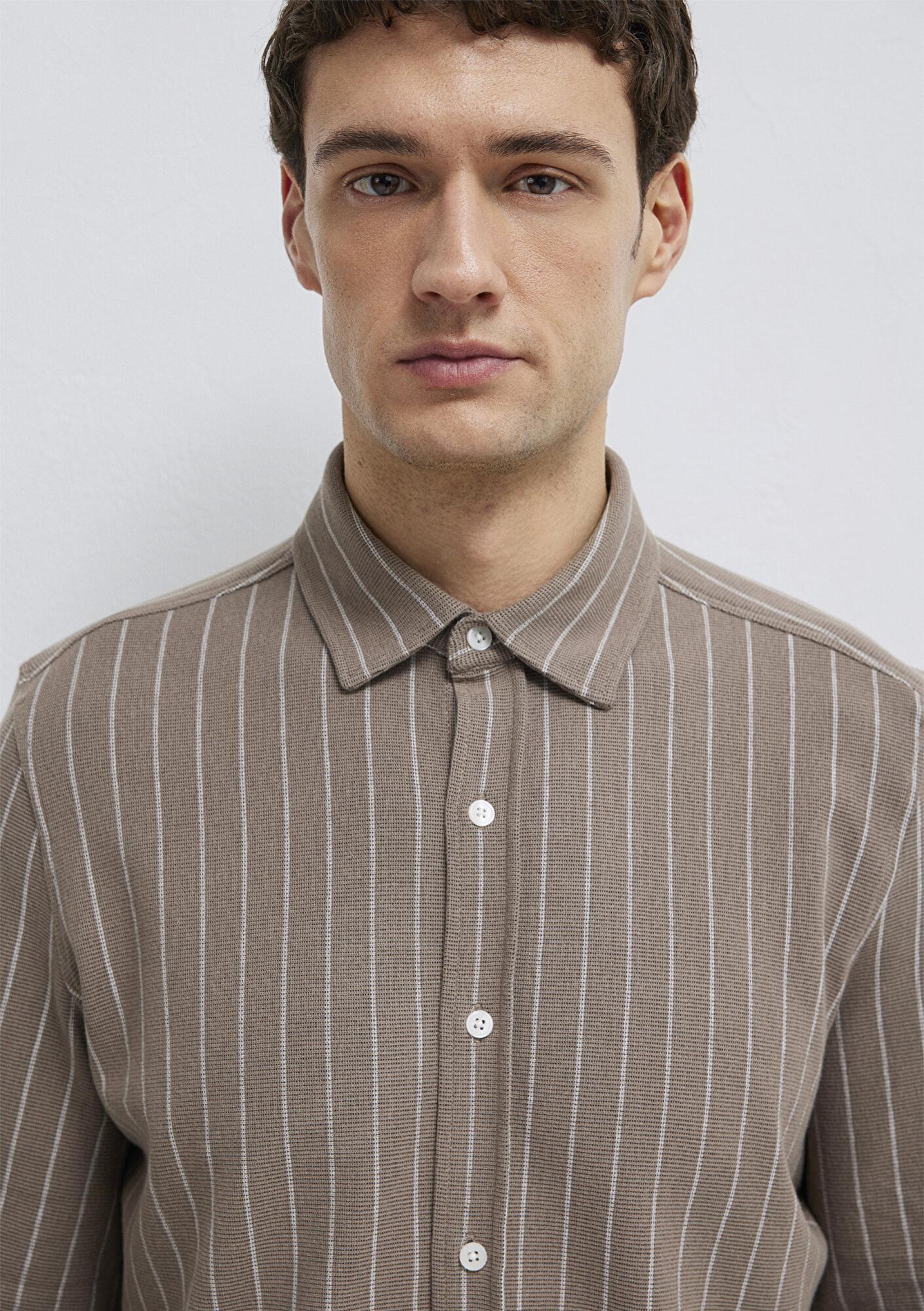 Mavi Çizgili Kahverengi Gömlek Regular Fit / Normal Kesim 0211998-91553