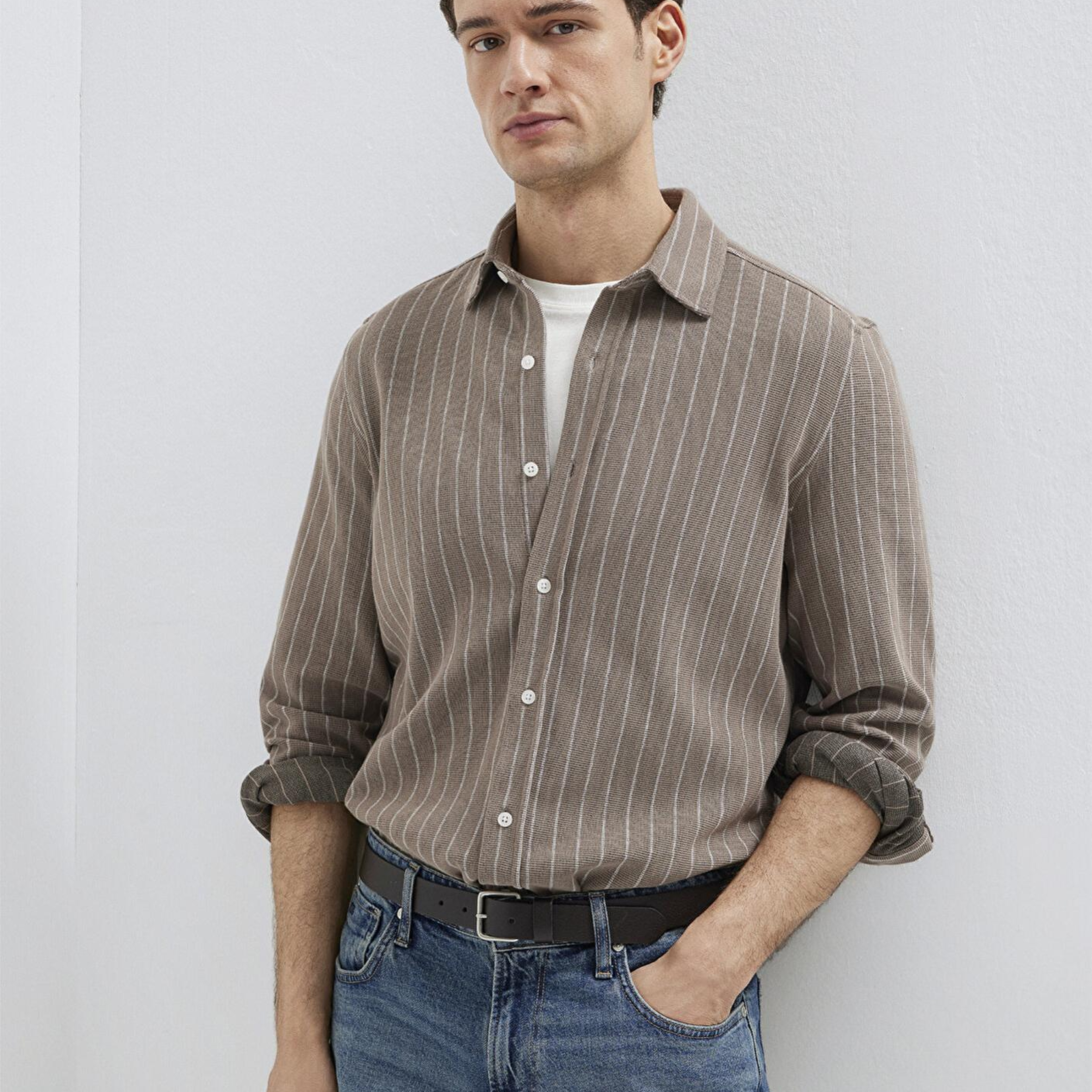 Mavi Çizgili Kahverengi Gömlek Regular Fit / Normal Kesim 0211998-91553