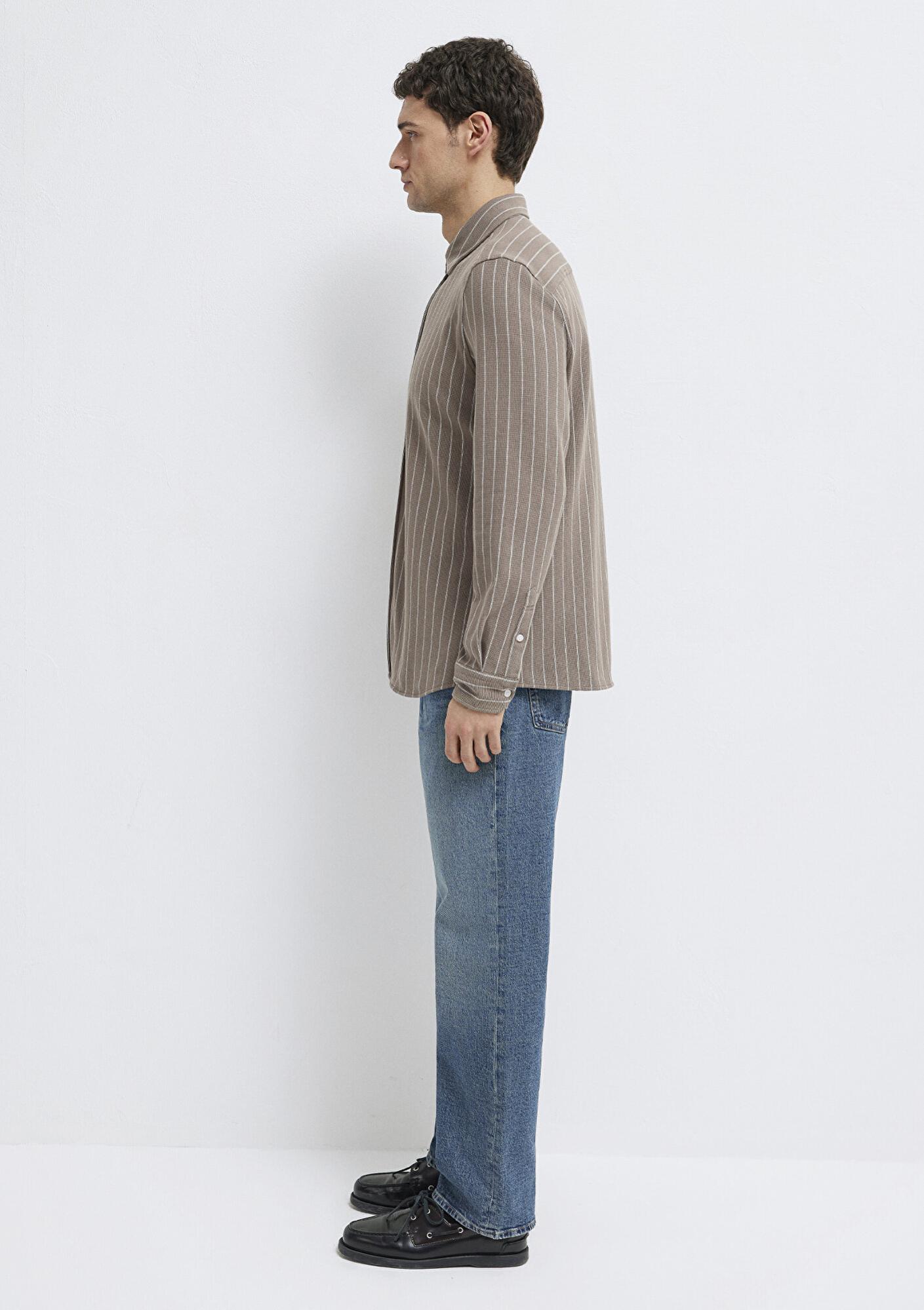 Mavi Çizgili Kahverengi Gömlek Regular Fit / Normal Kesim 0211998-91553