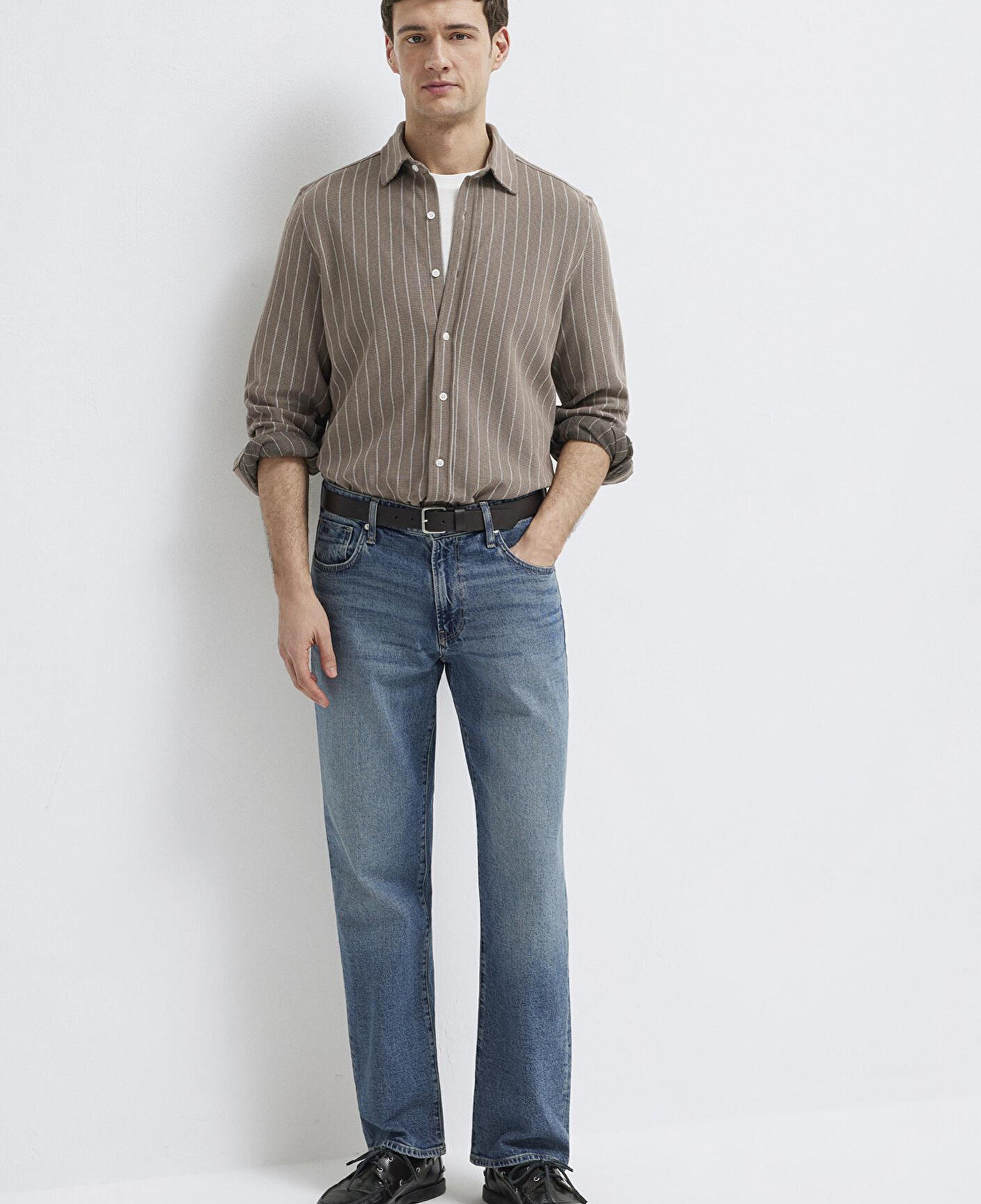 Mavi Çizgili Kahverengi Gömlek Regular Fit / Normal Kesim 0211998-91553