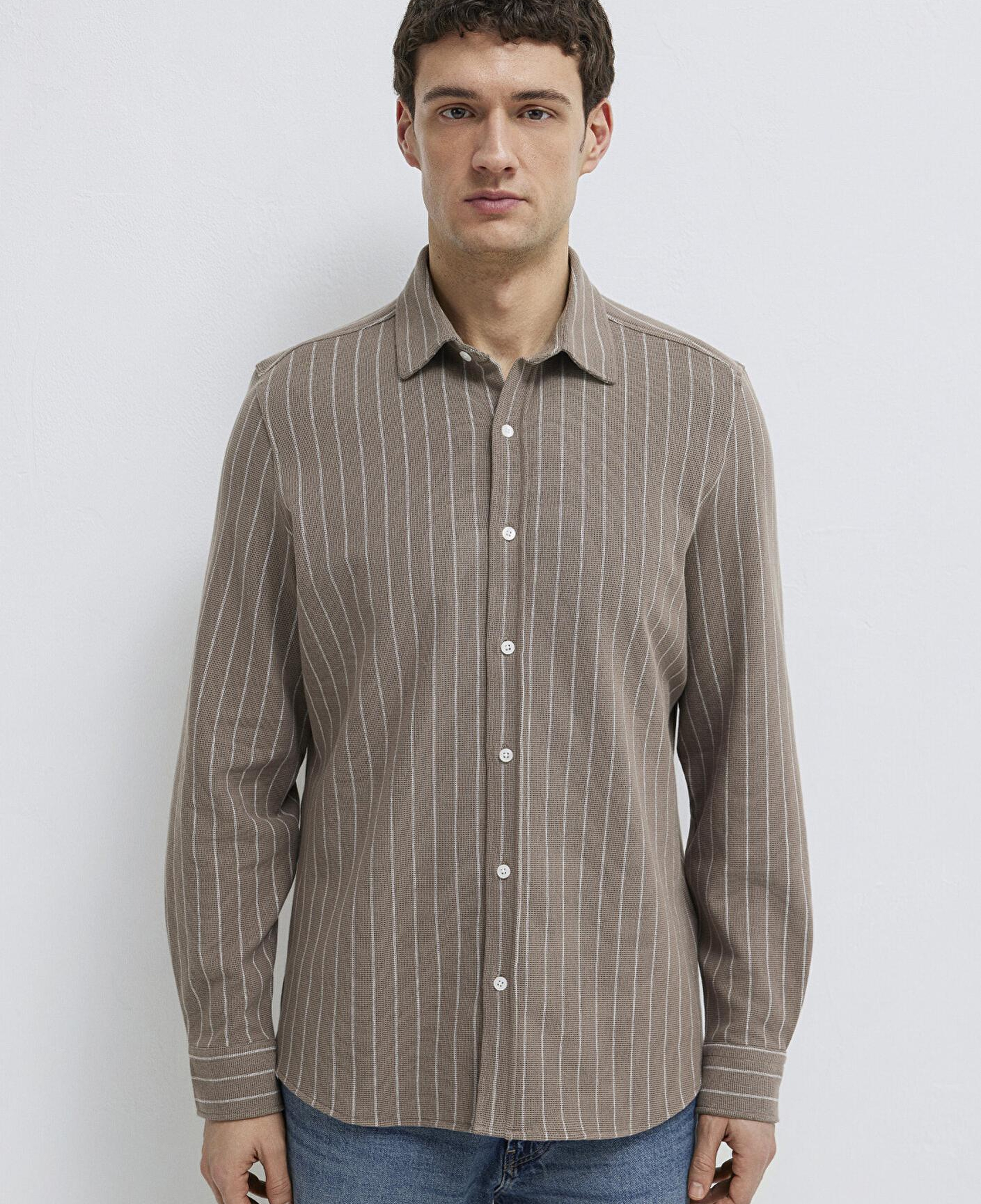 Mavi Çizgili Kahverengi Gömlek Regular Fit / Normal Kesim 0211998-91553