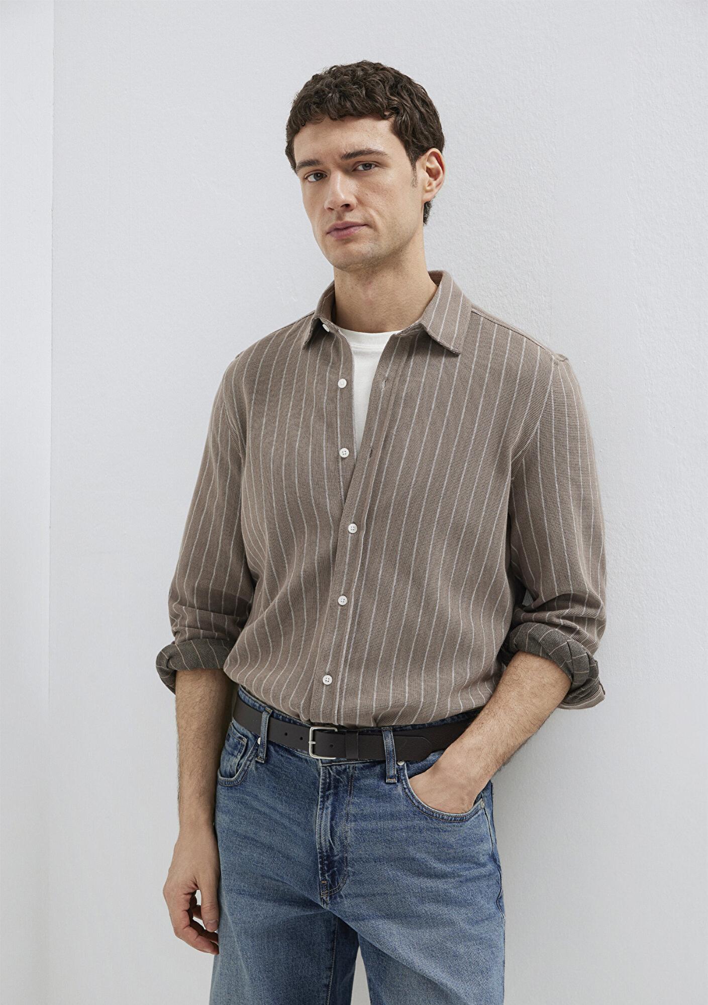 Mavi Çizgili Kahverengi Gömlek Regular Fit / Normal Kesim 0211998-91553