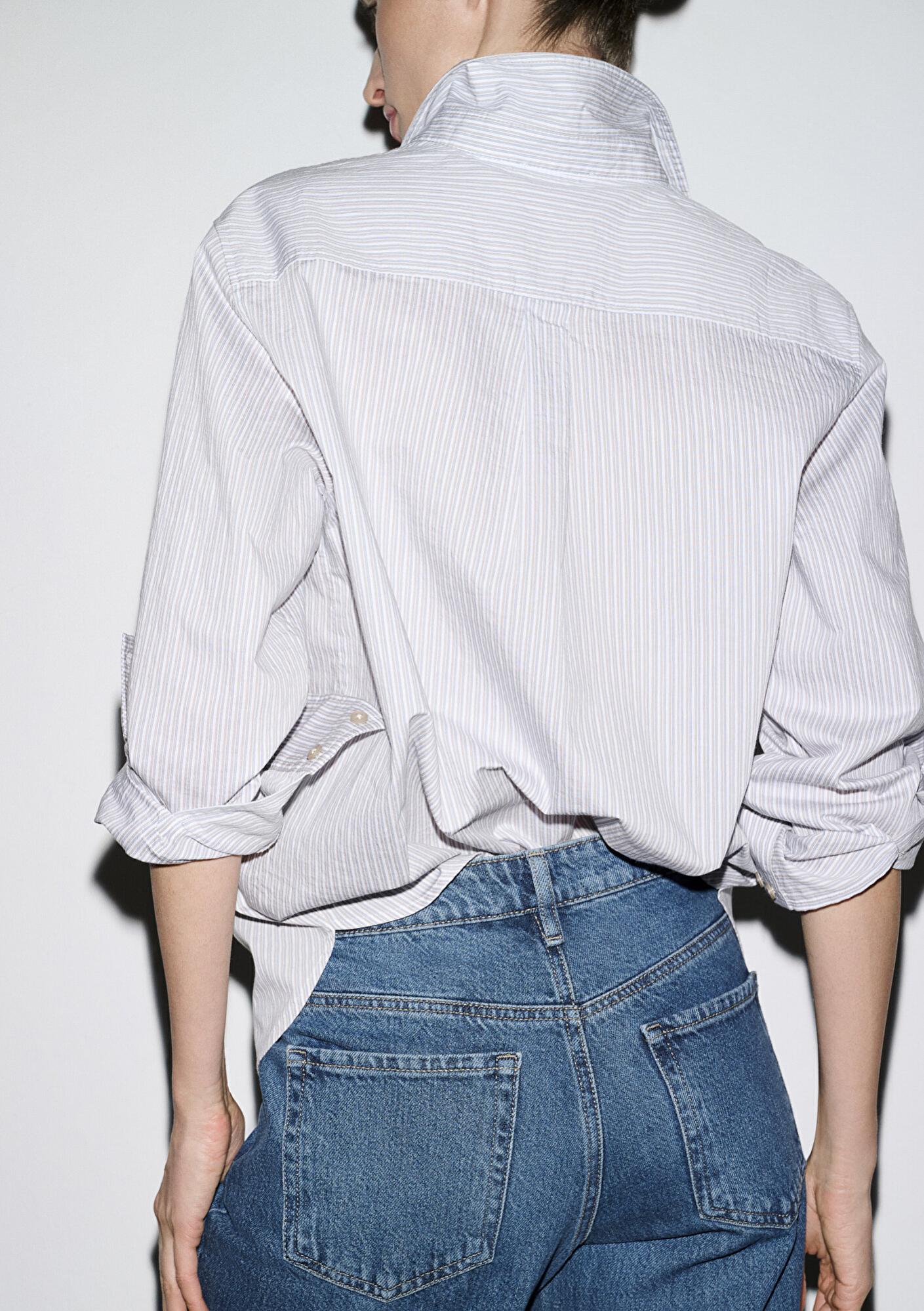 Mavi Çizgili Mavi Gömlek Loose Fit / Bol Rahat Kesim 1211432-81474